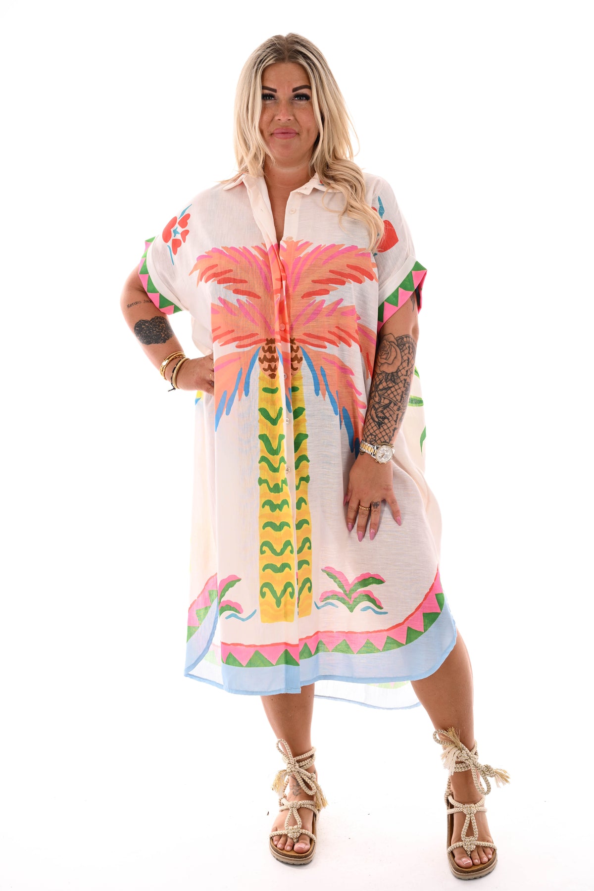 Lange blouse jurk mixed print strand blauw