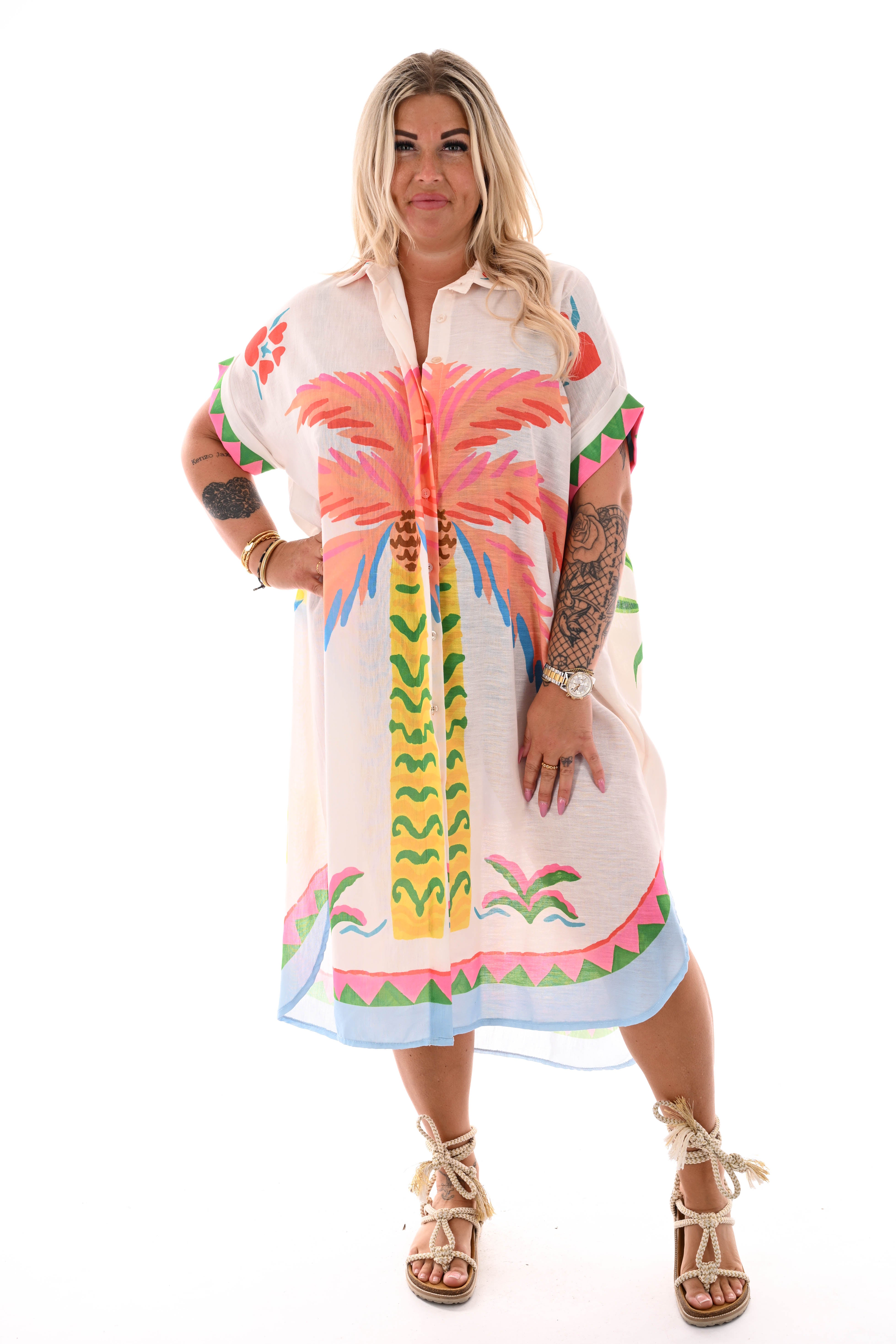 Lange blouse jurk mixed print palm/papegaai oranje