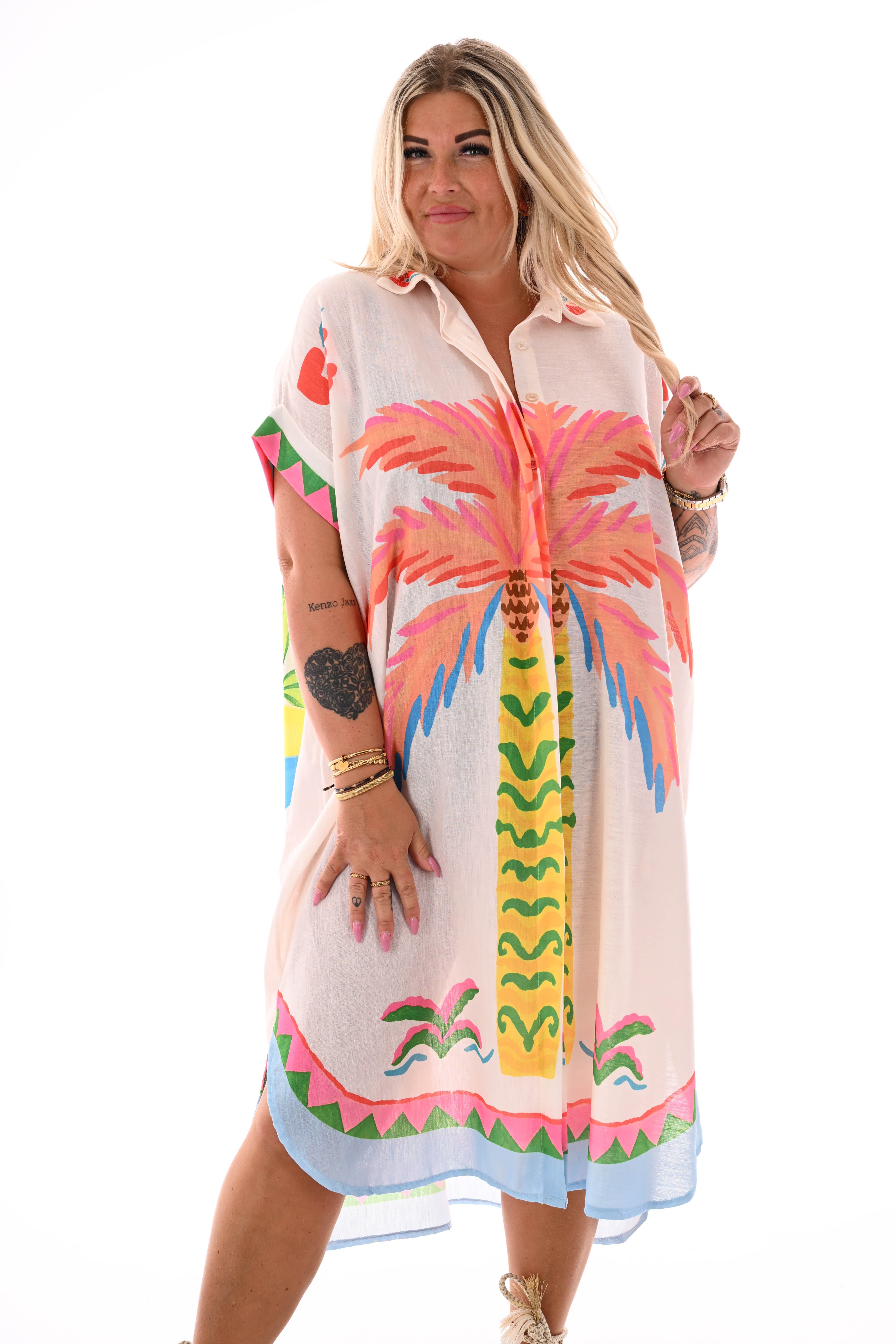 Lange blouse jurk mixed print palm/papegaai oranje
