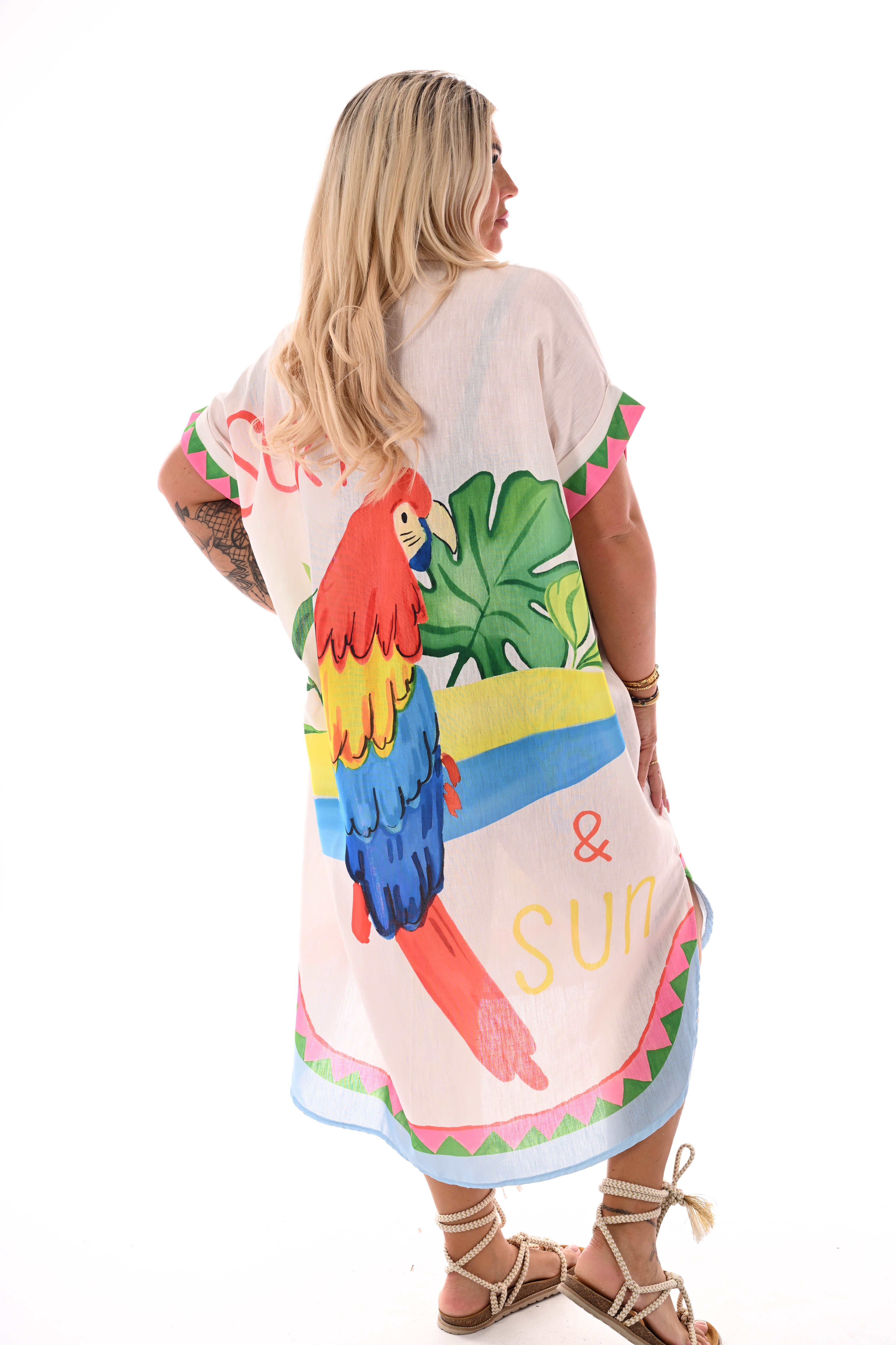 Lange blouse jurk mixed print palm/papegaai oranje