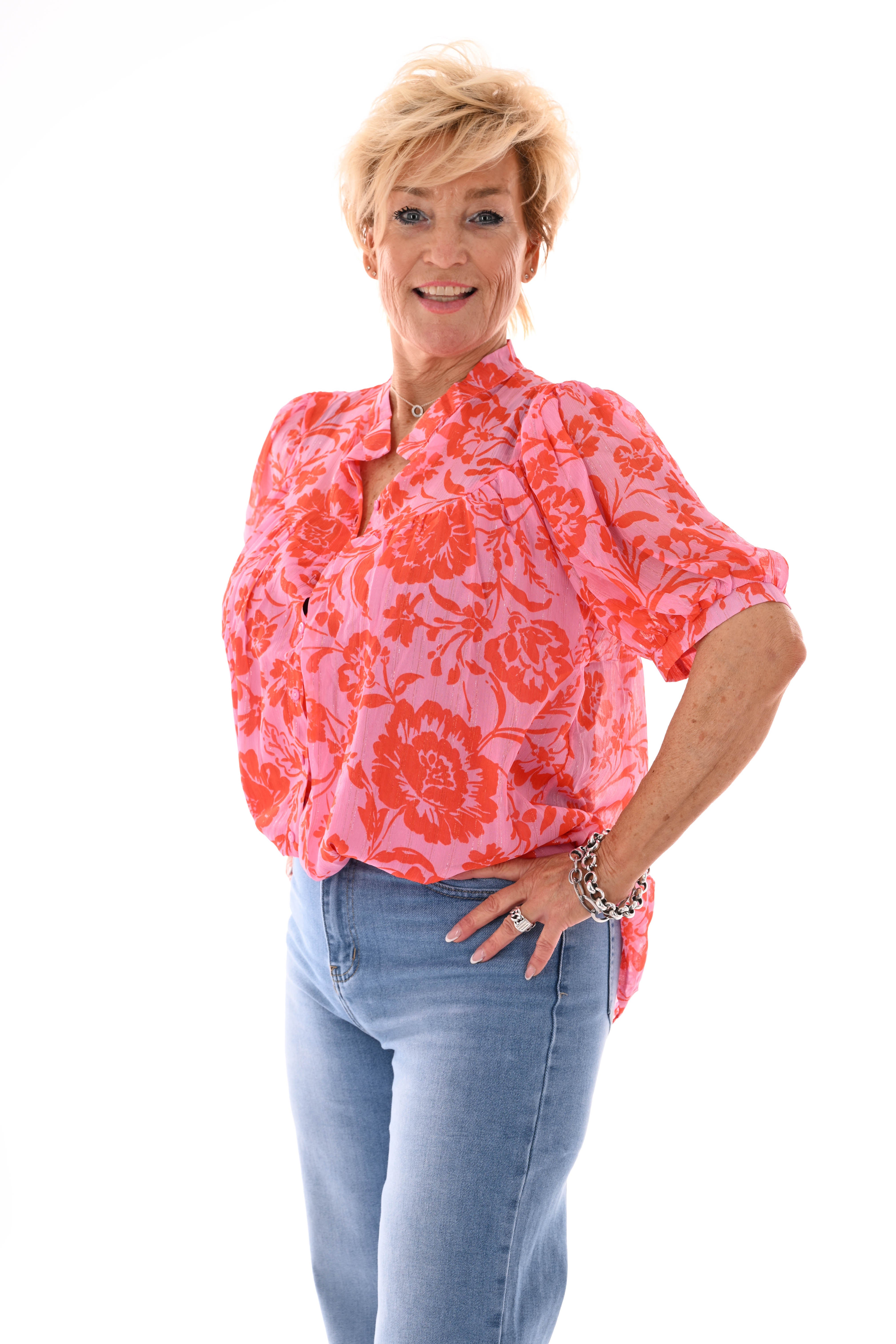 Blouse korte pofmouwen bloemen lichtroze/rood