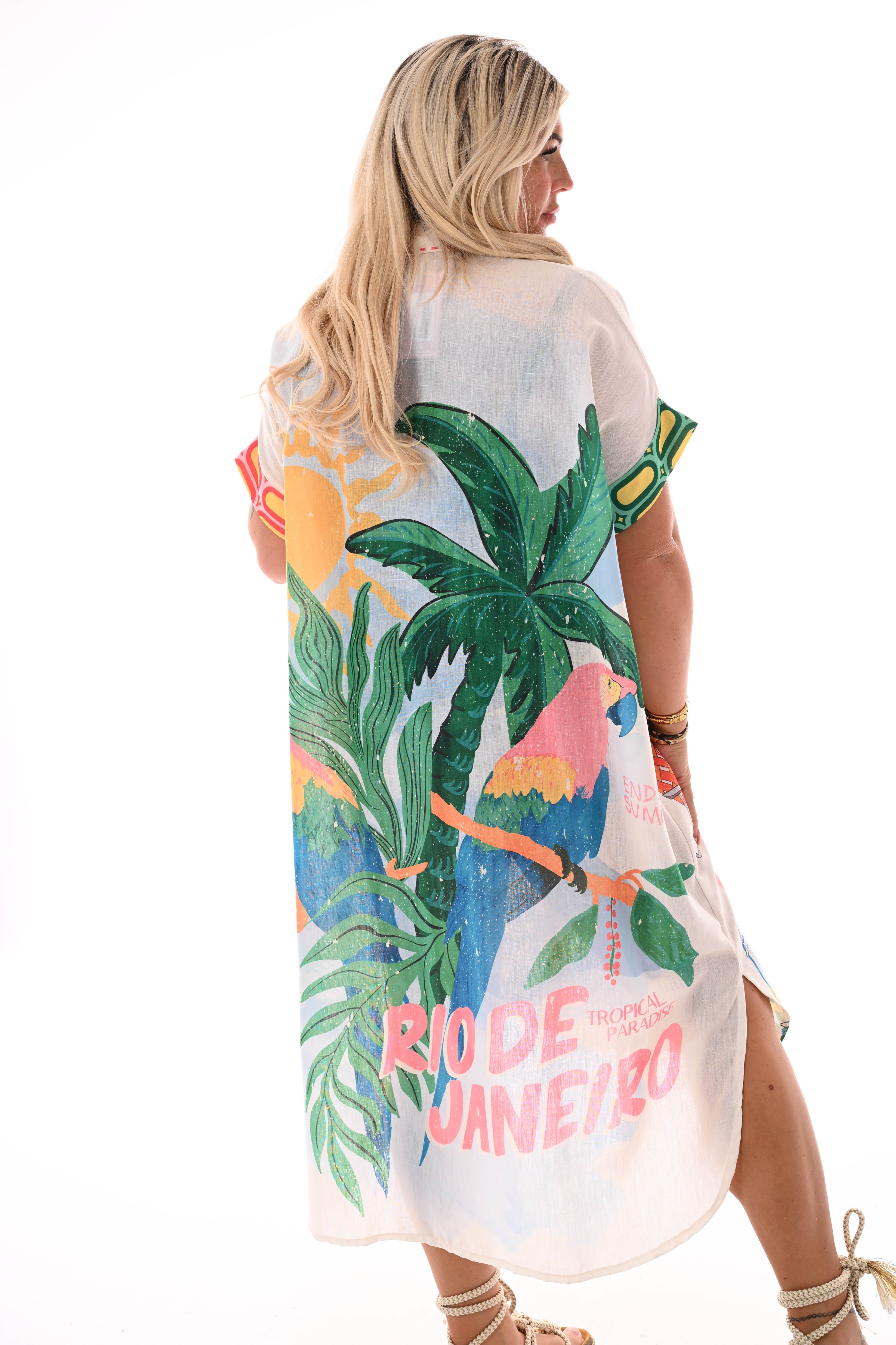 Lange blouse jurk mixed print strand blauw