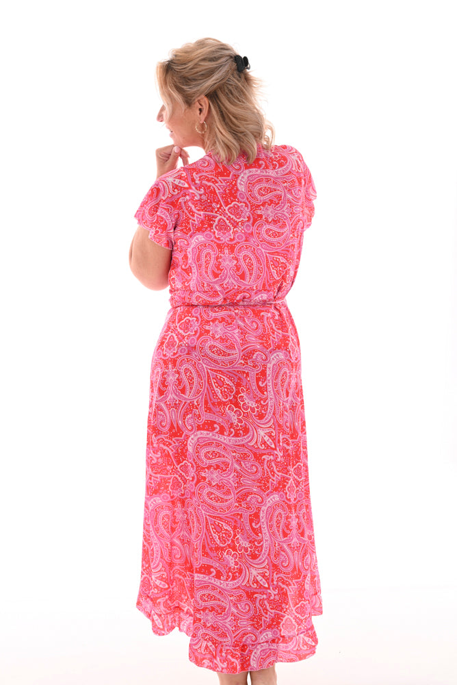 Omslag jurk roezel paisley rood/roze