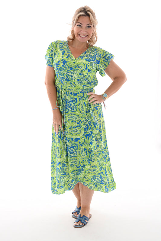 Omslag jurk roezel paisley kobaltblauw/lime