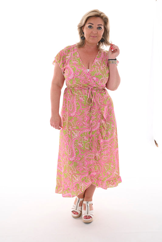 Omslag jurk roezel paisley lime/roze
