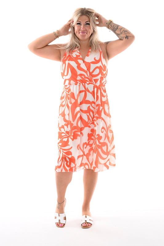 Mouwloze jurk strikjes print oranje