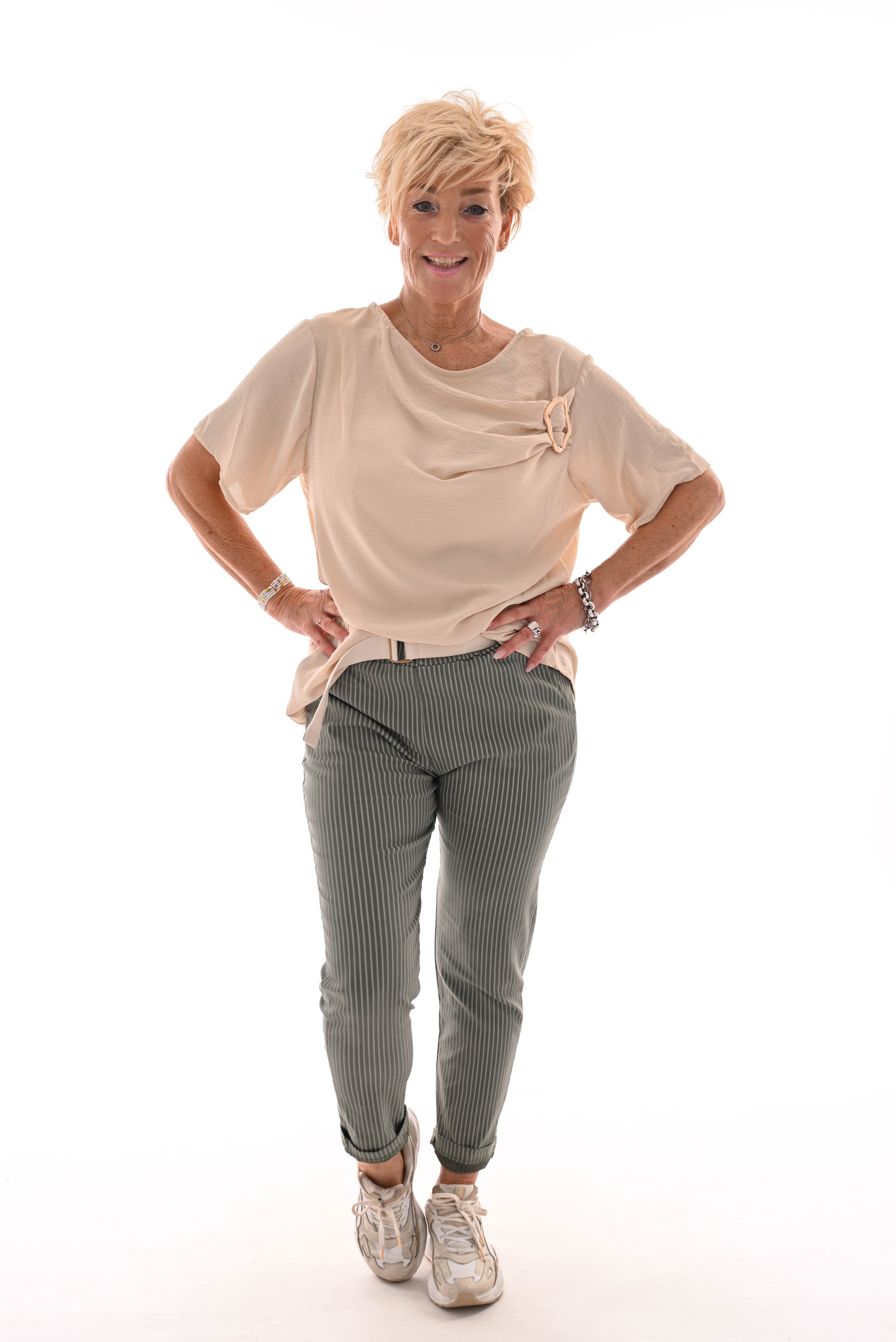 Stretchbroek streep legergroen