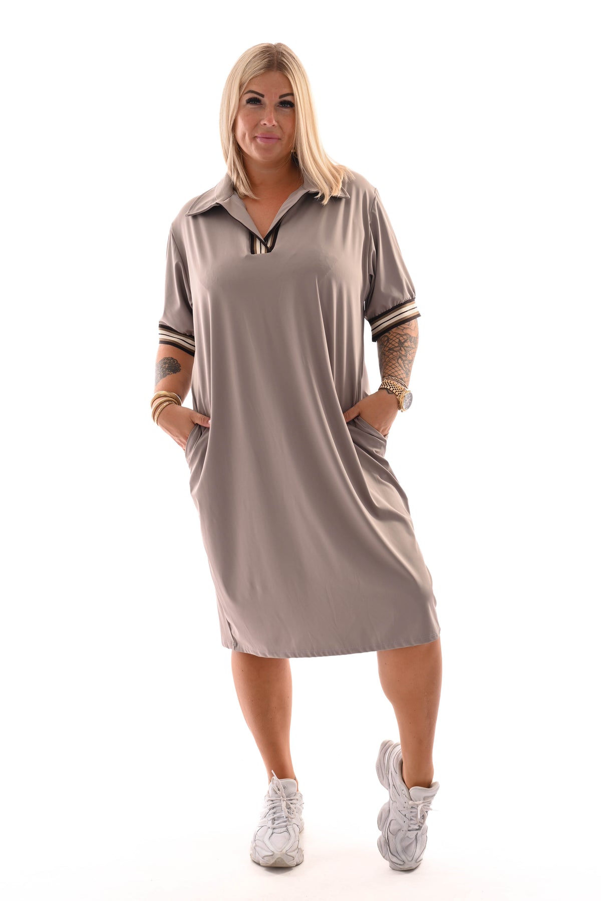 Travel tuniek kraag met strepen taupe