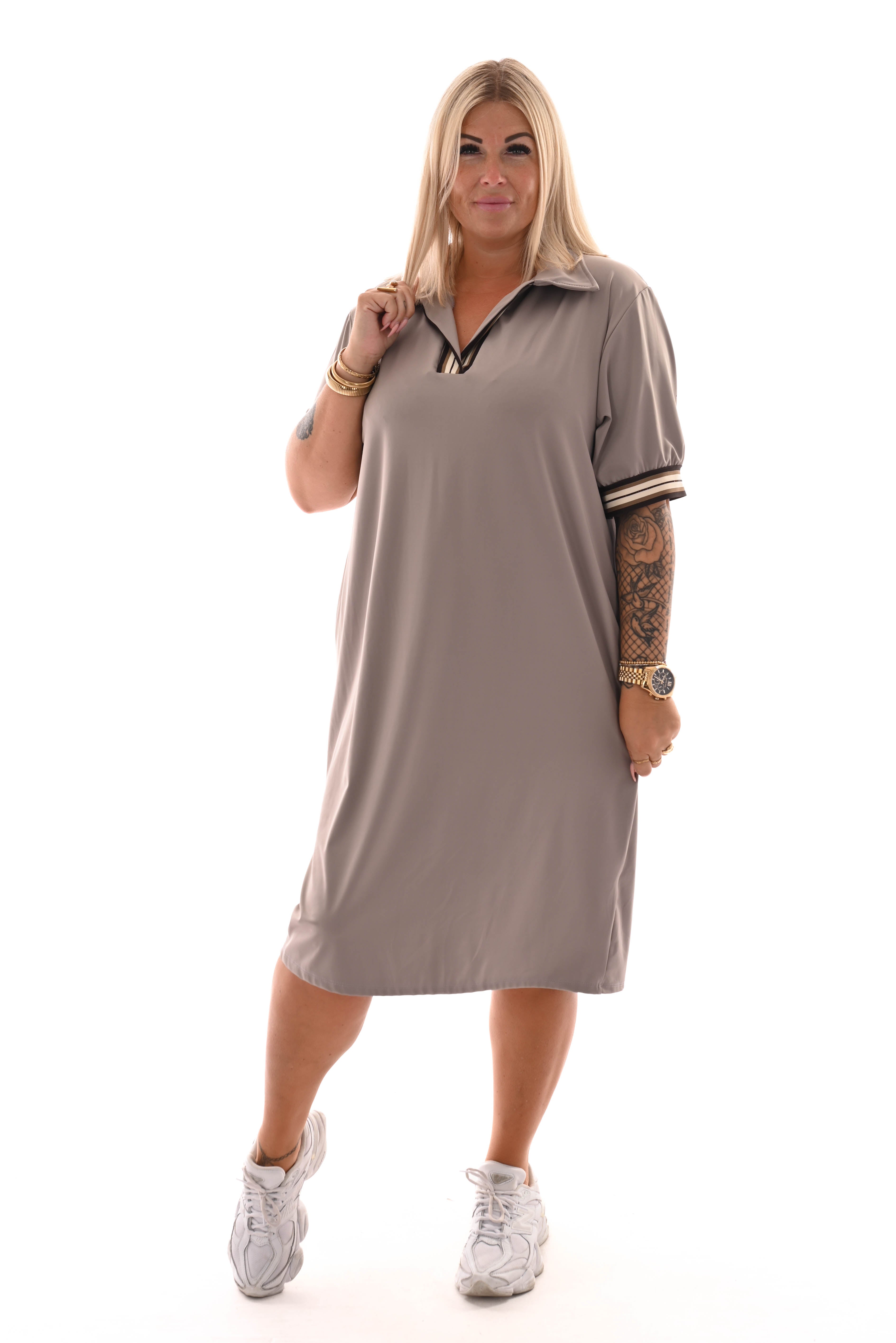 Travel tuniek kraag met strepen taupe