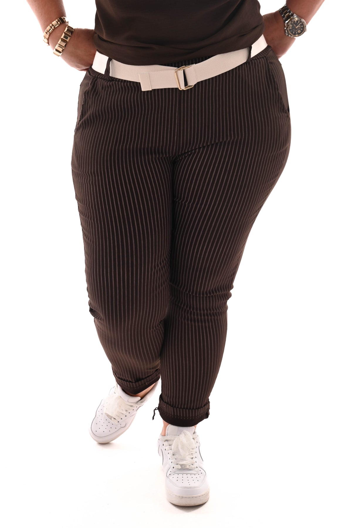 Stretchbroek streep donkerbruin