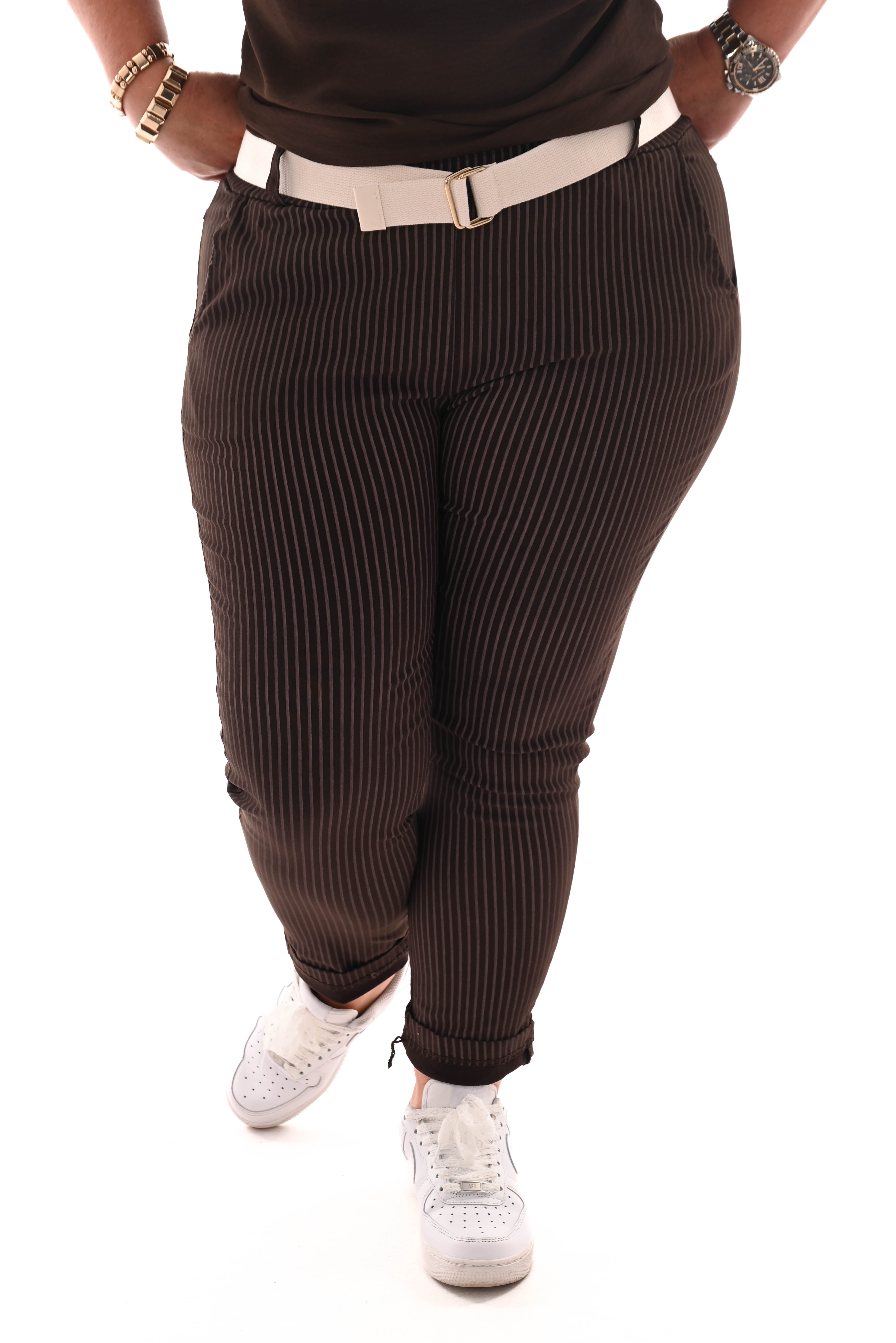 Stretchbroek streep donkerbruin