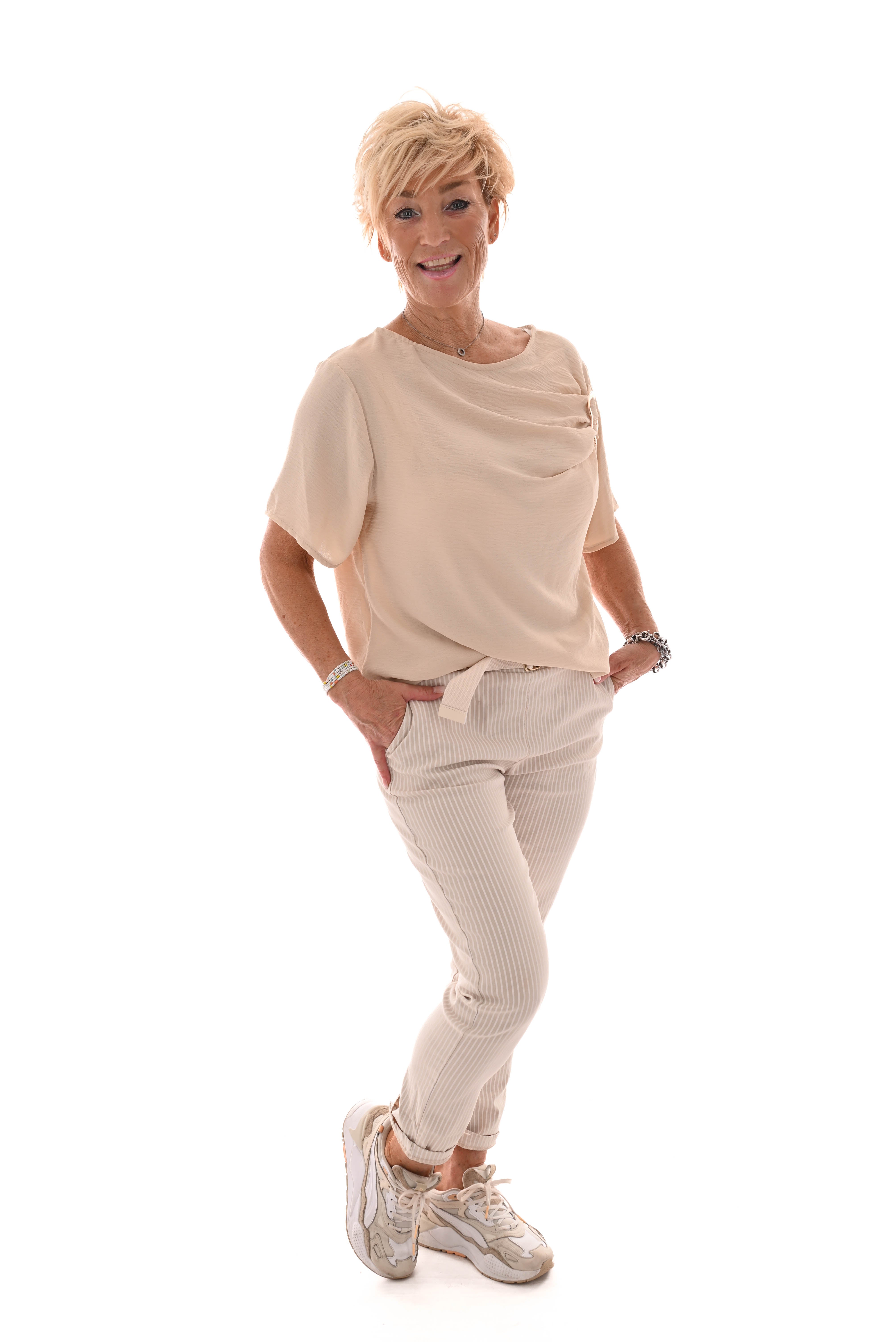 Stretchbroek streep roomwit