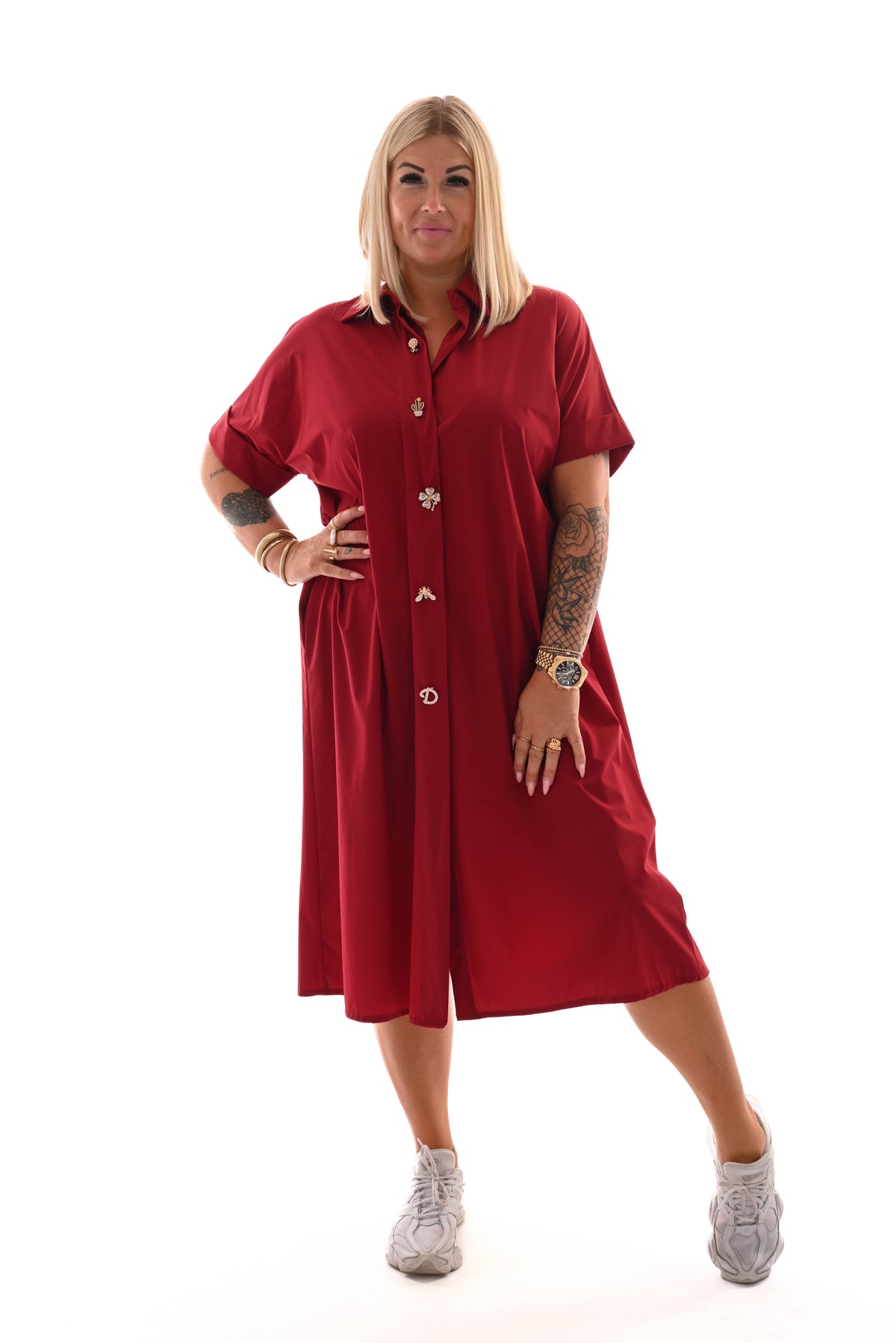Lange blouse korte mouwen broche bordeaux