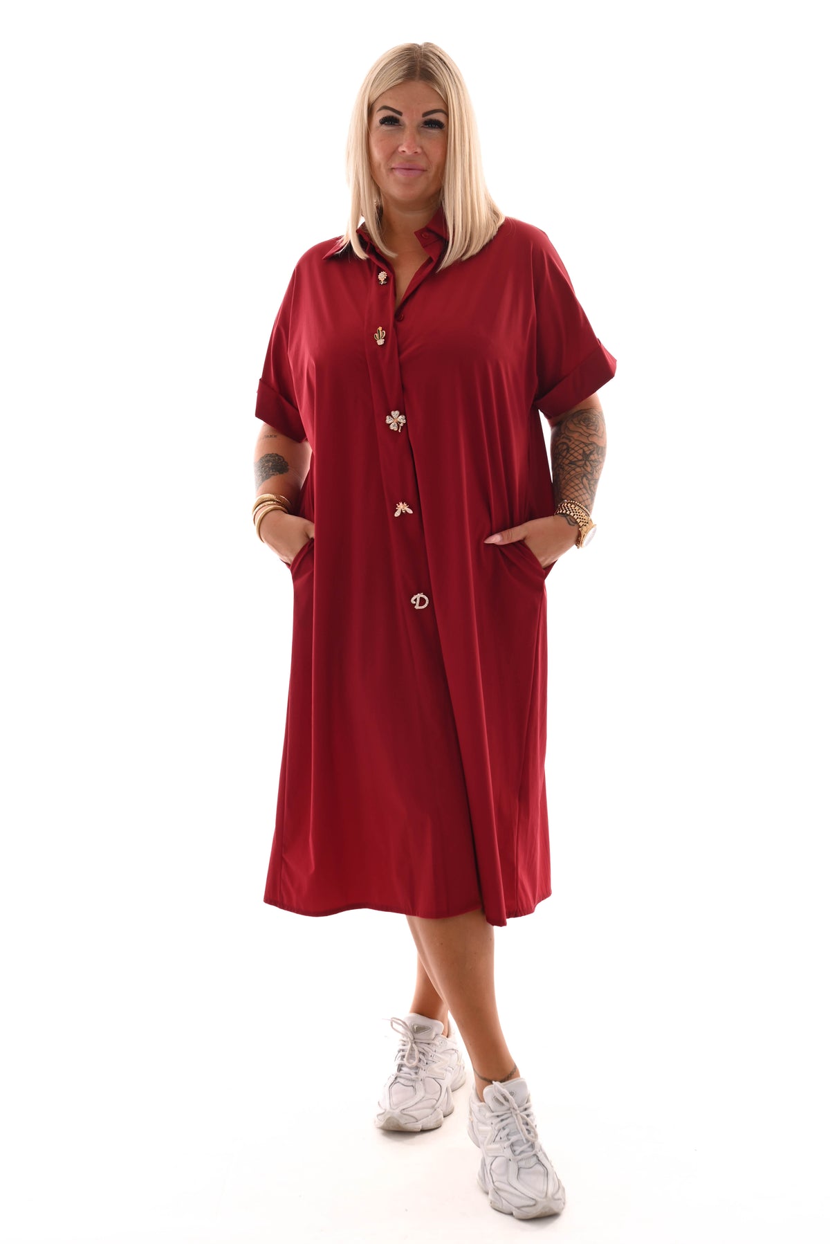 Lange blouse korte mouwen broche bordeaux