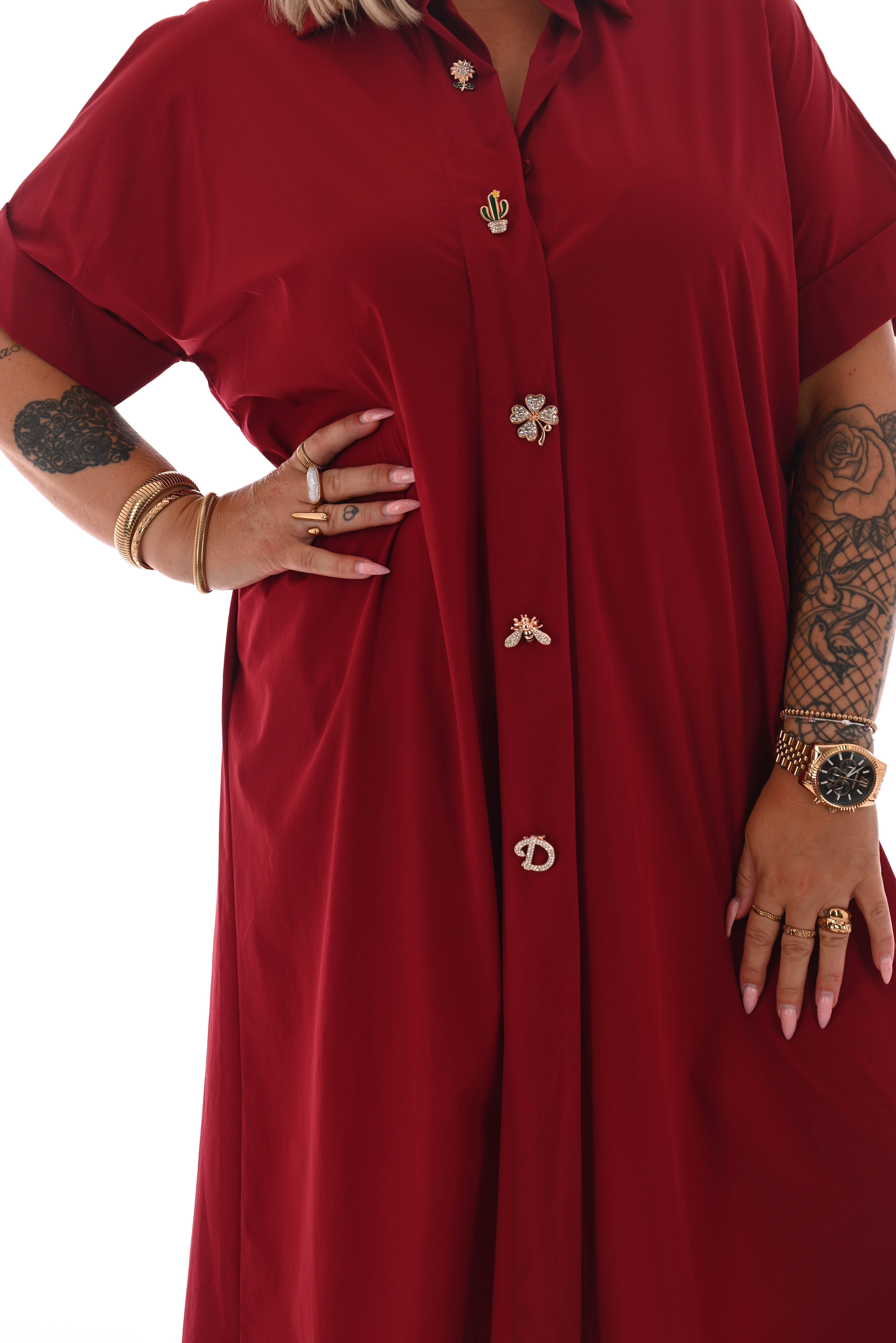 Lange blouse korte mouwen broche bordeaux