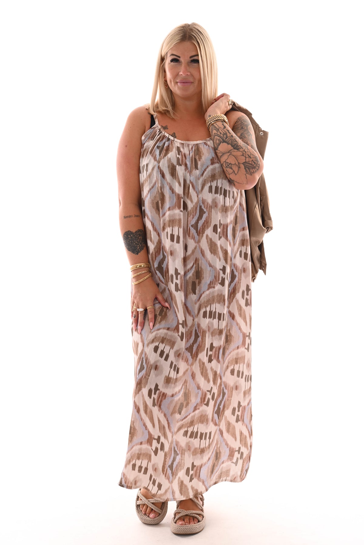 Lange jurk spaghetti bandjes print bruin/lichtblauw
