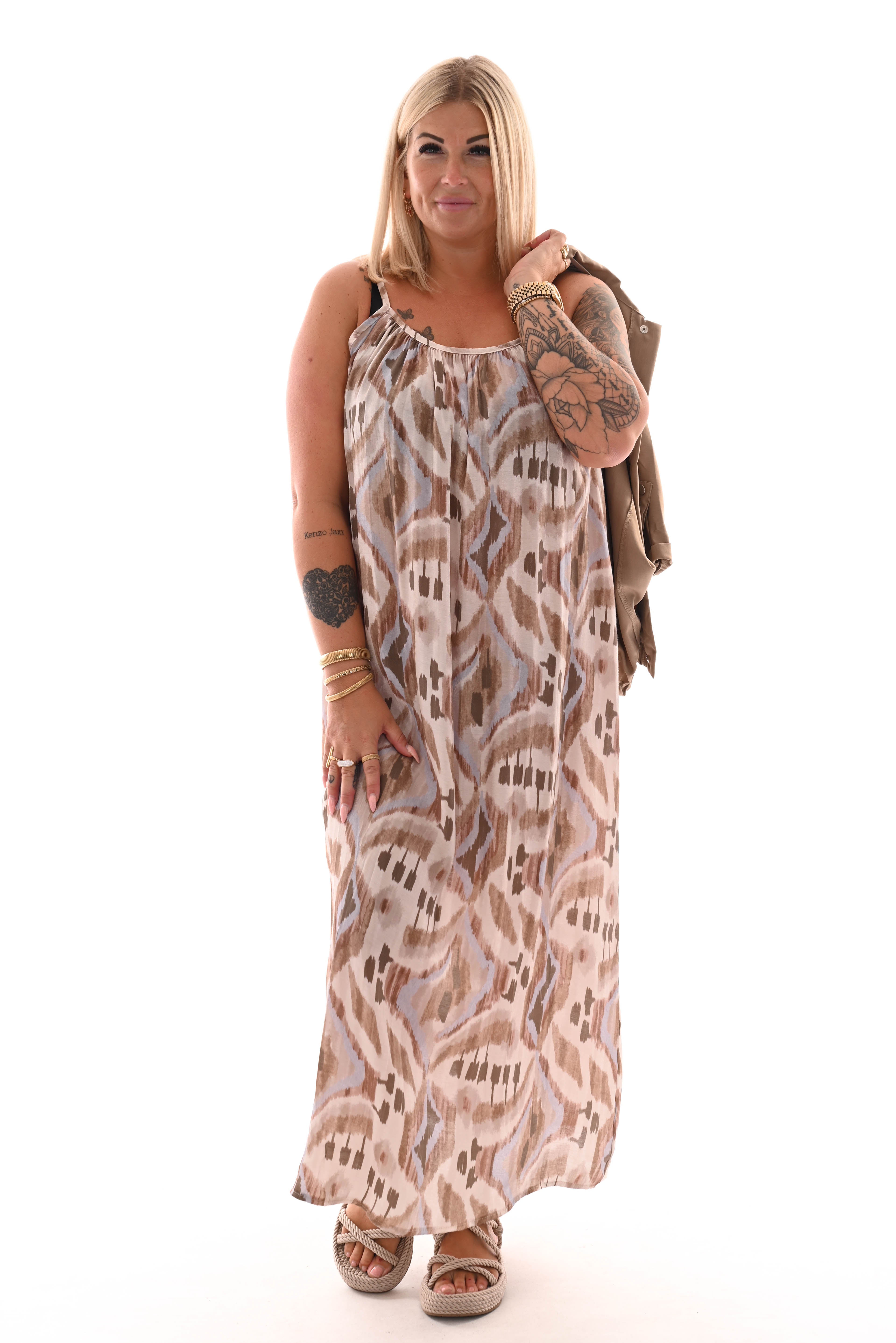 Lange jurk spaghetti bandjes print bruin/lichtblauw