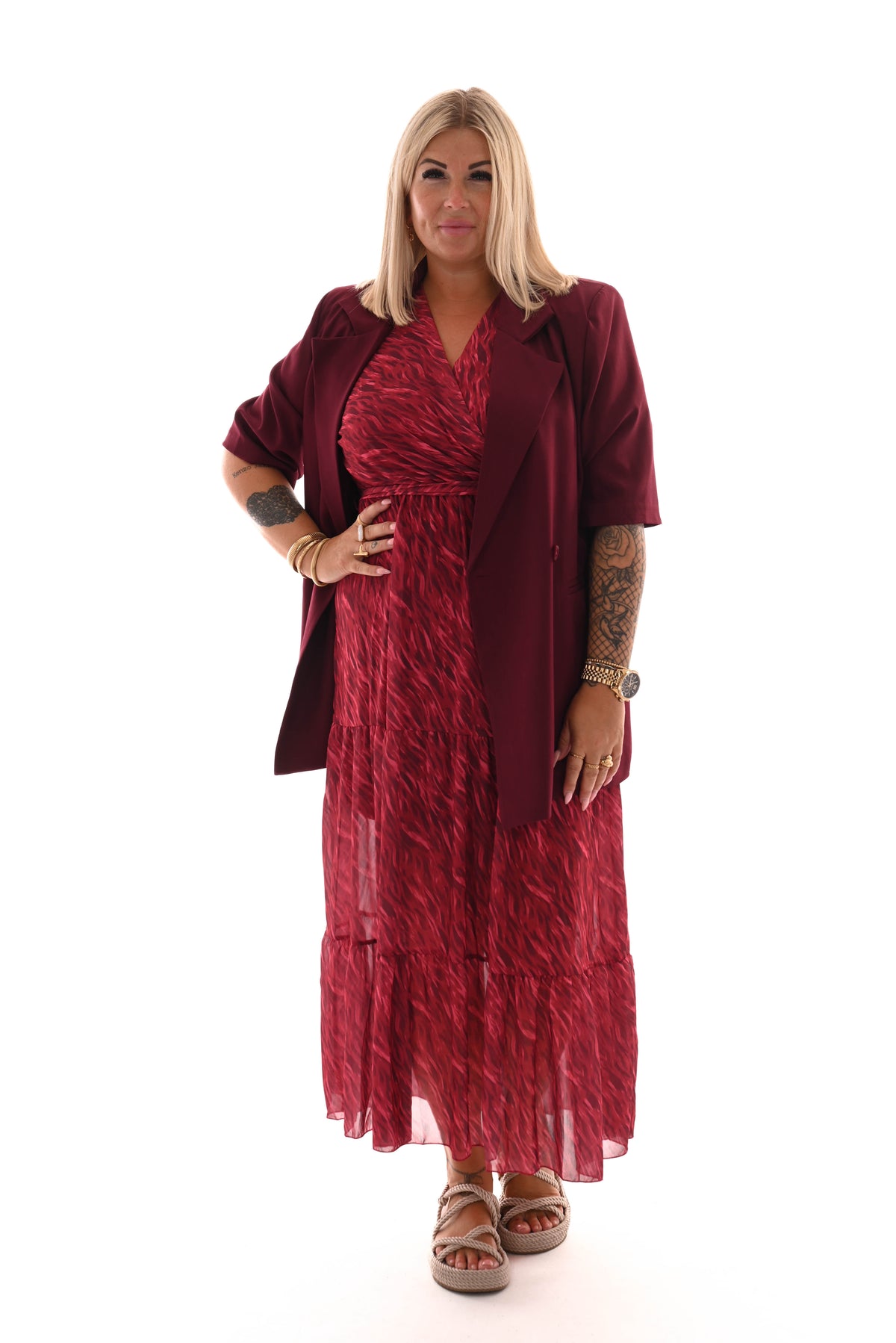 Maxi jurk met stroken print lines rood