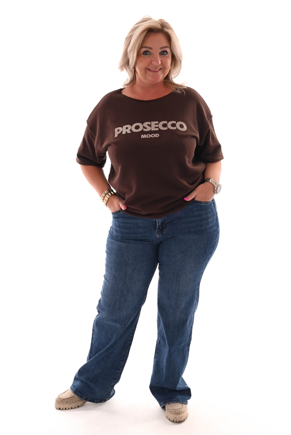 Sweater korte mouwen prosecco mood donkerbruin