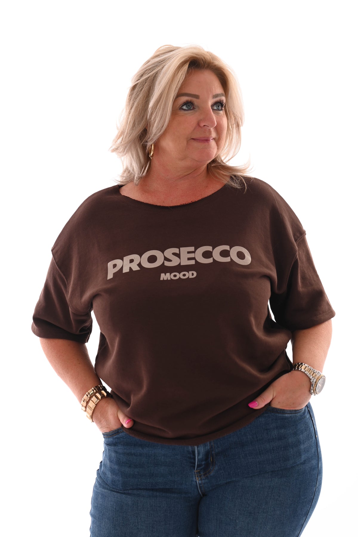 Sweater korte mouwen prosecco mood donkerbruin