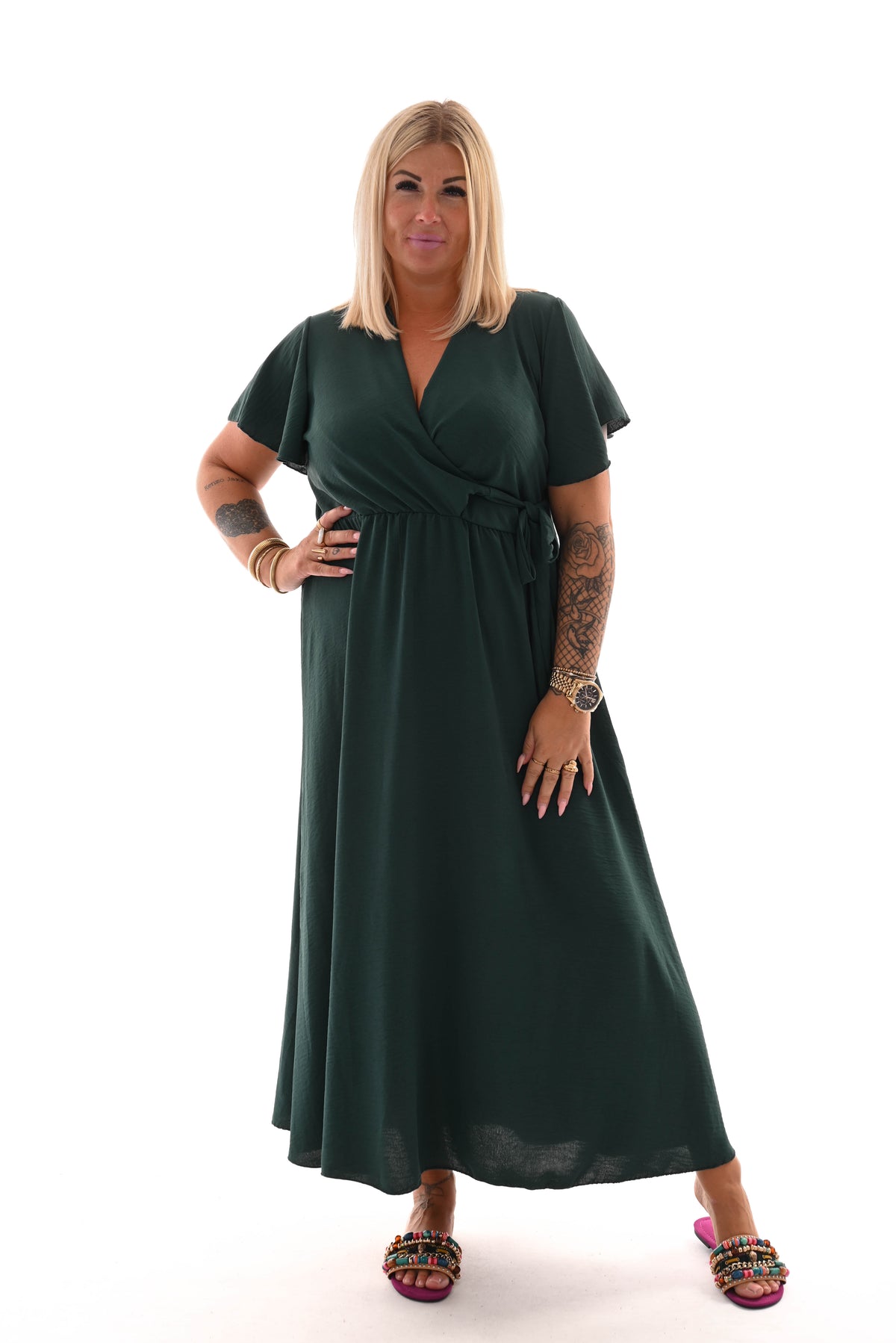 Maxi jurk met strik uni flessengroen