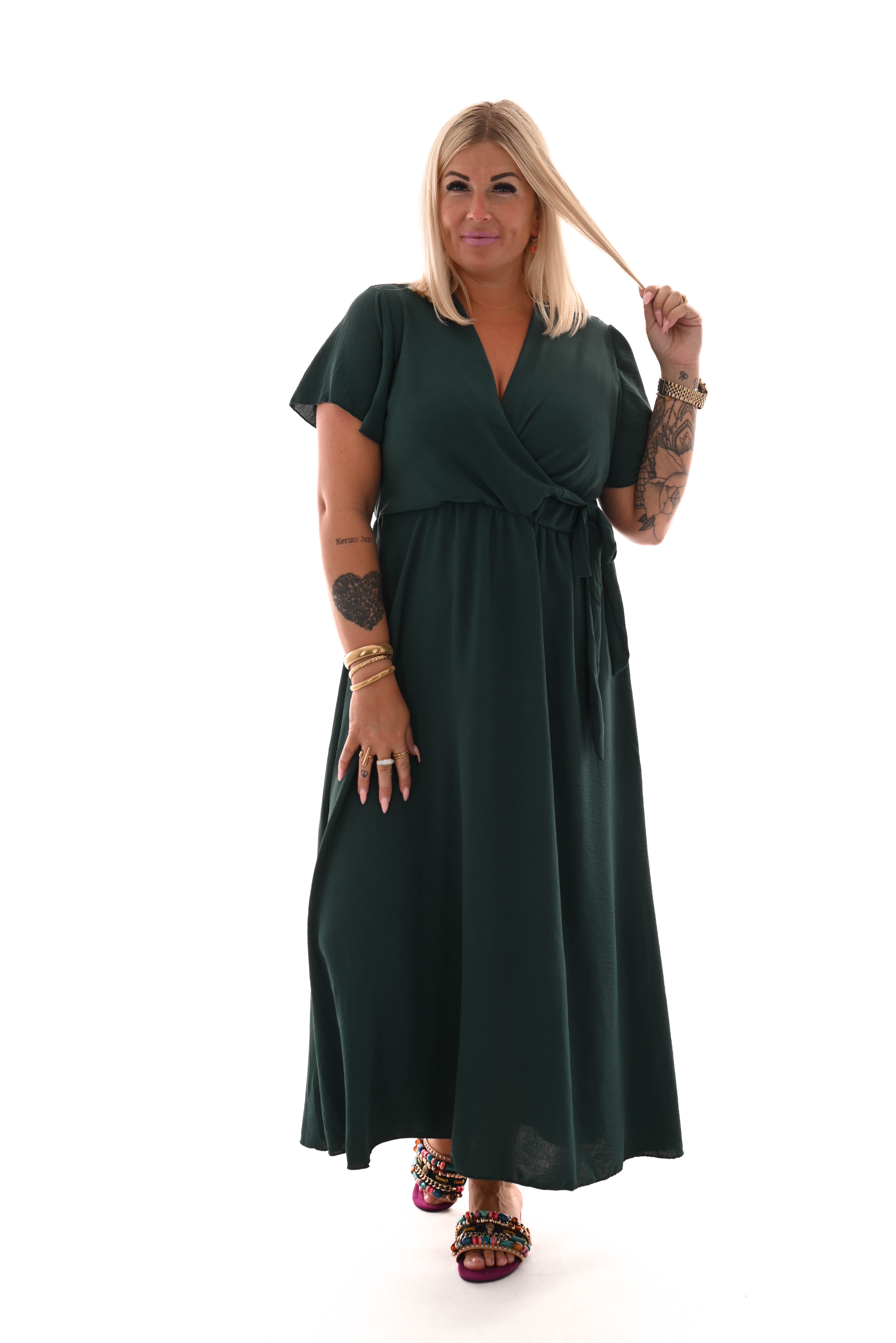 Maxi jurk met strik uni flessengroen
