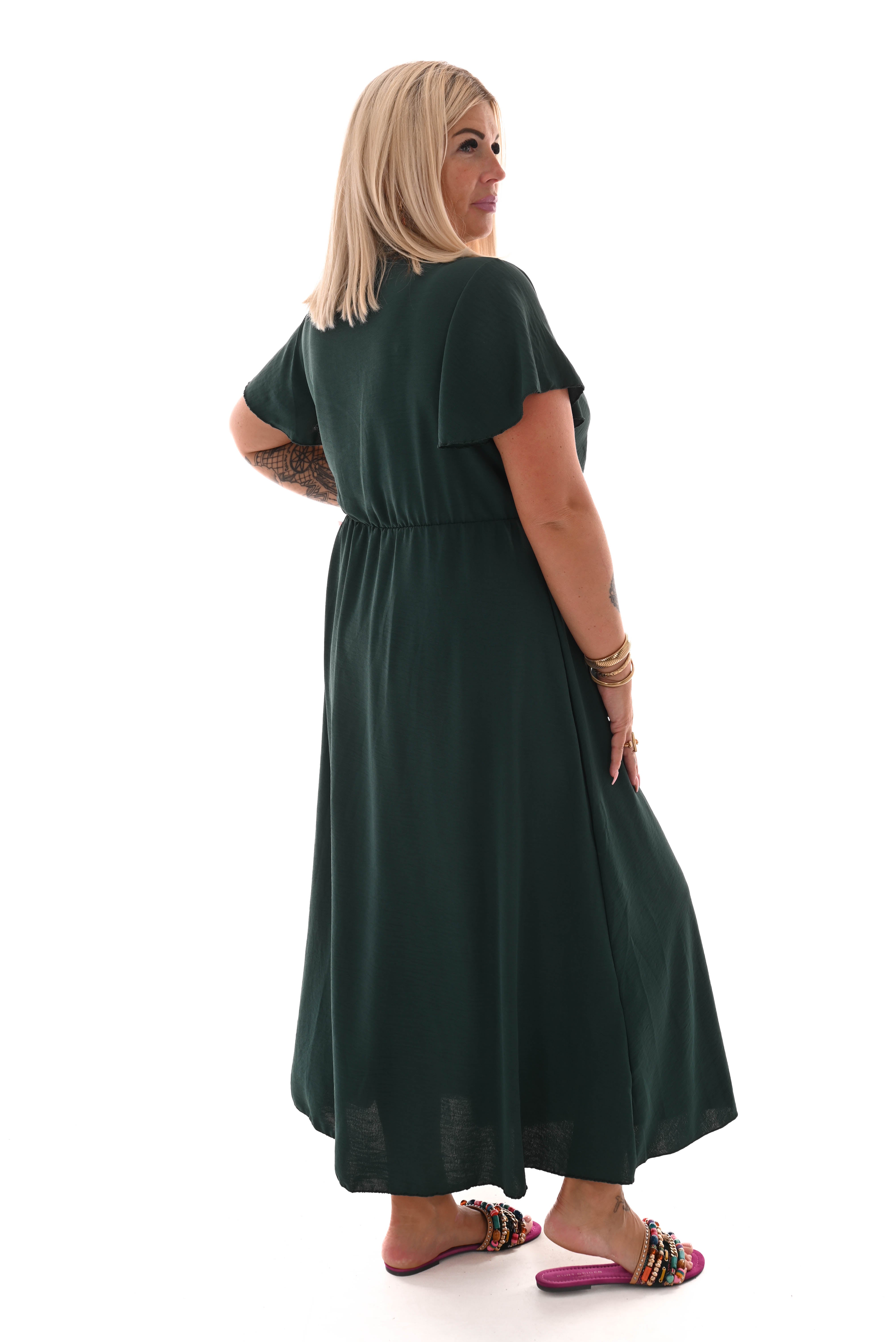Maxi jurk met strik uni flessengroen