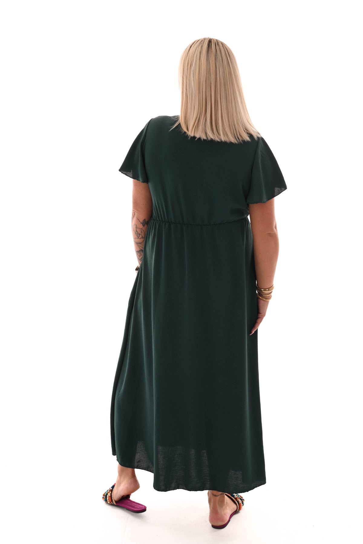 Maxi jurk met strik uni flessengroen