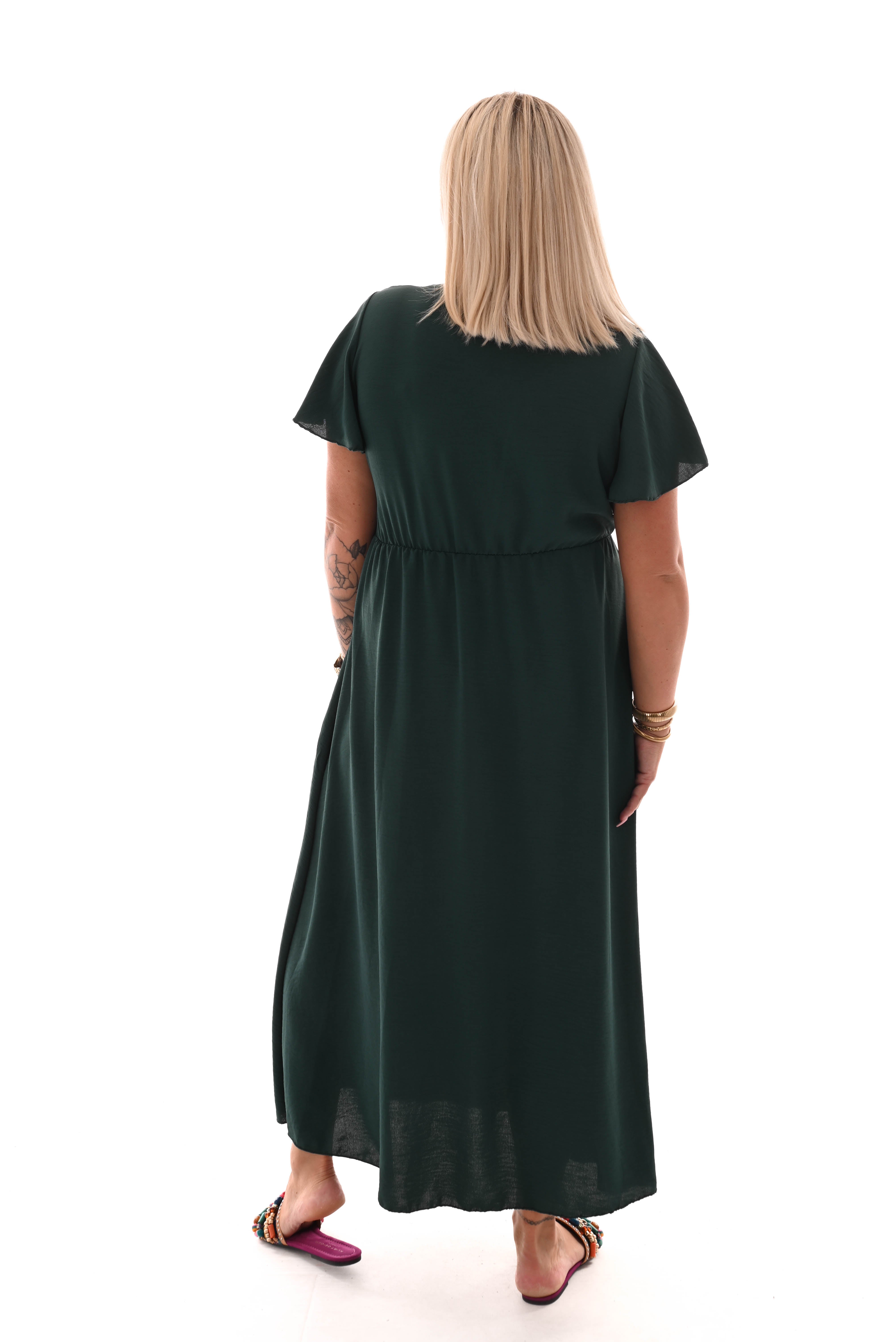 Maxi jurk met strik uni flessengroen