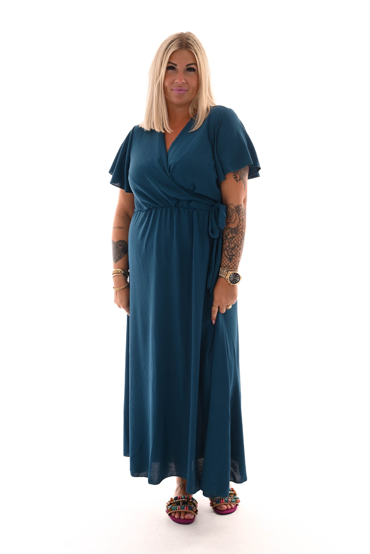 Maxi jurk met strik uni petrol