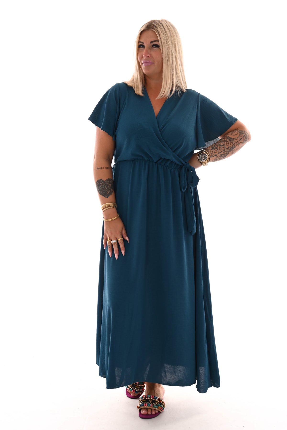 Maxi jurk met strik uni petrol