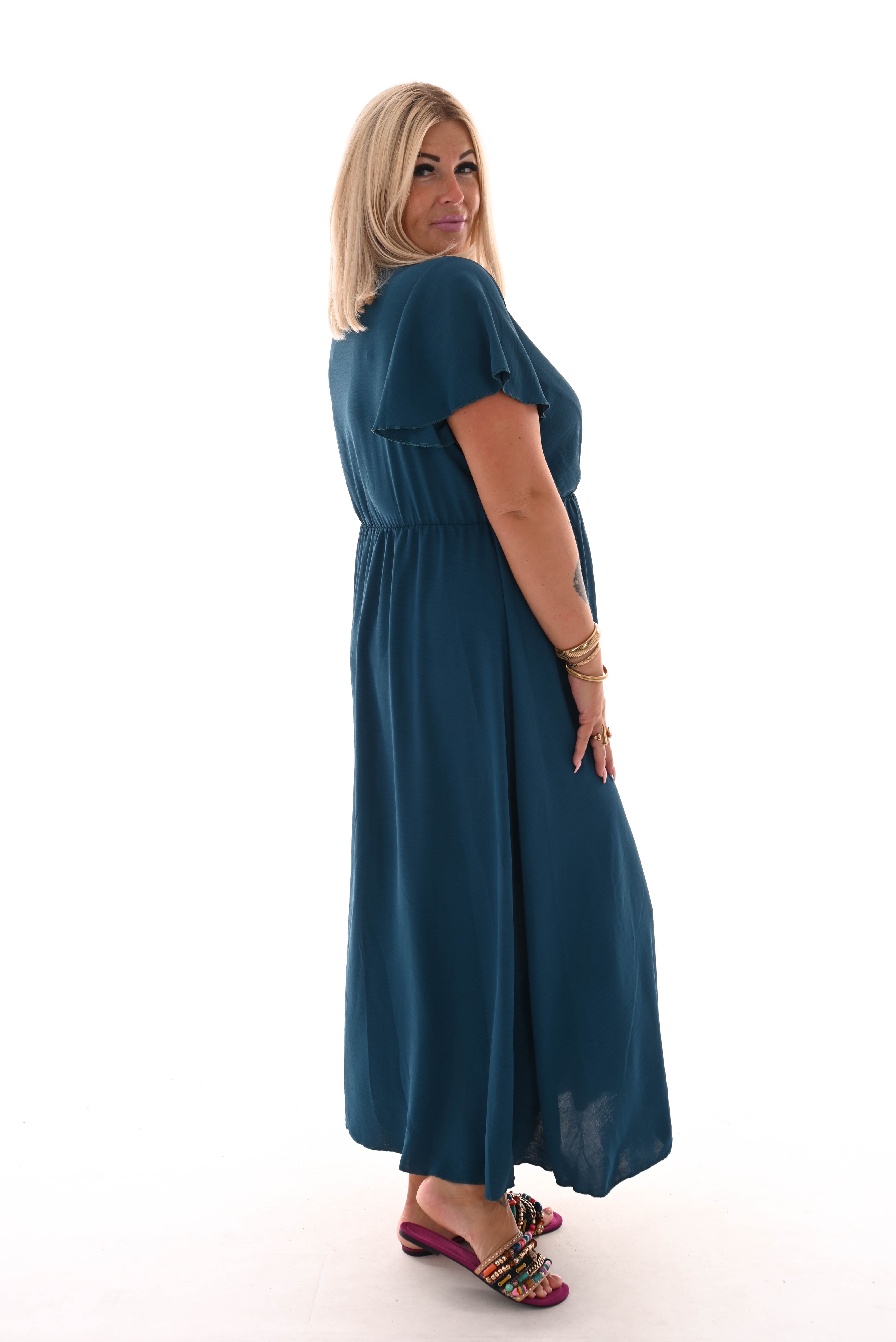 Maxi jurk met strik uni petrol