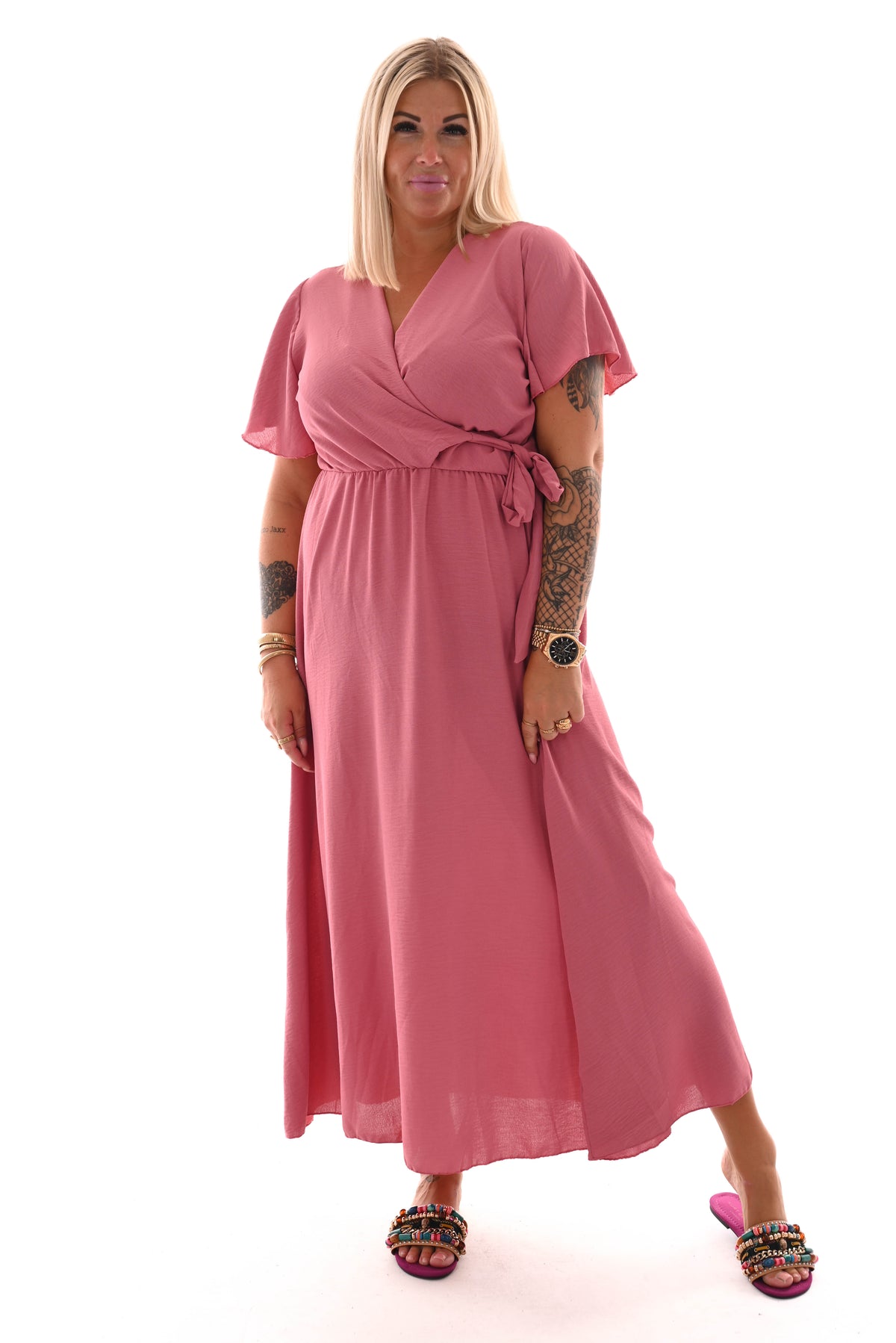 Maxi jurk met strik uni oud roze