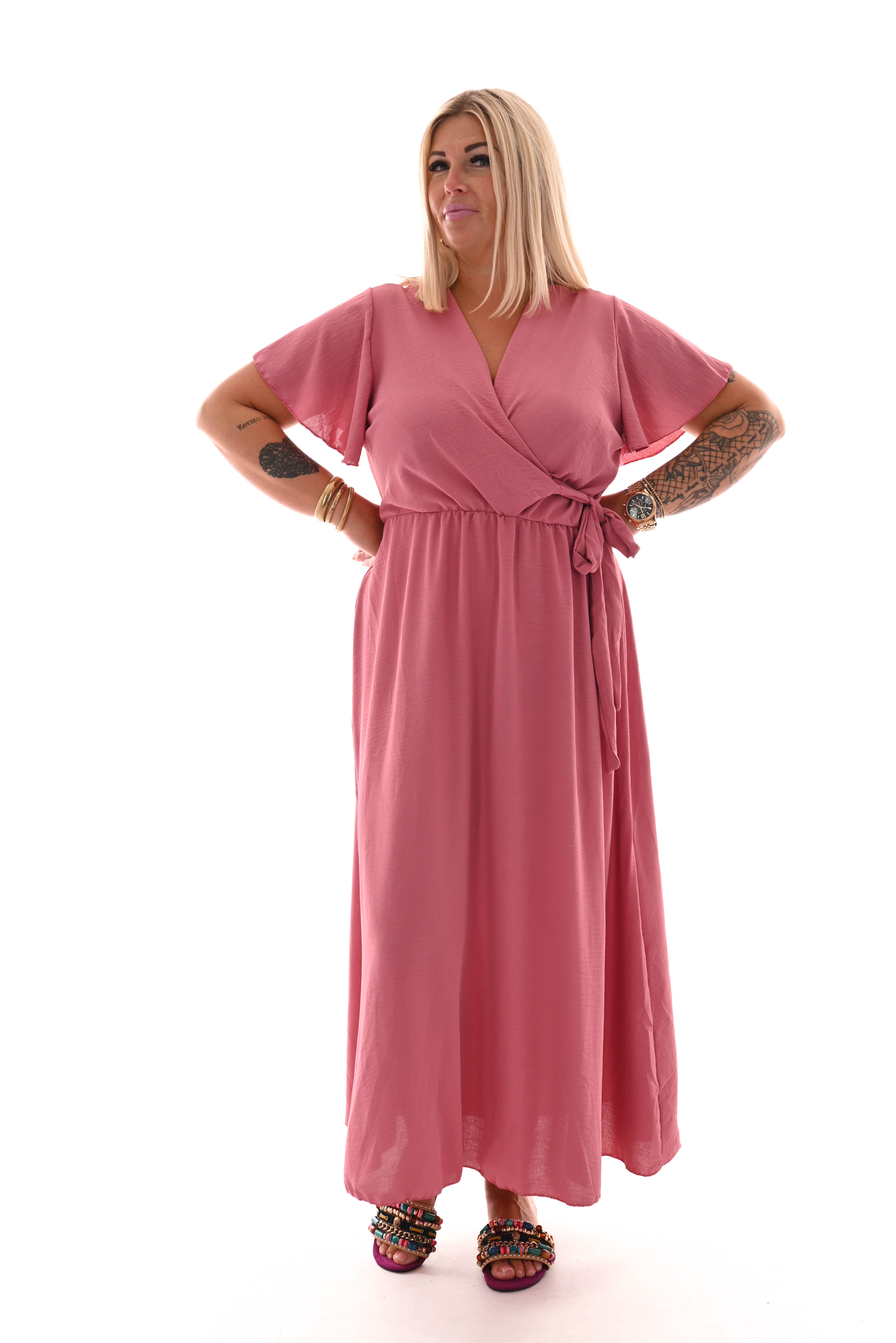 Maxi jurk met strik uni oud roze