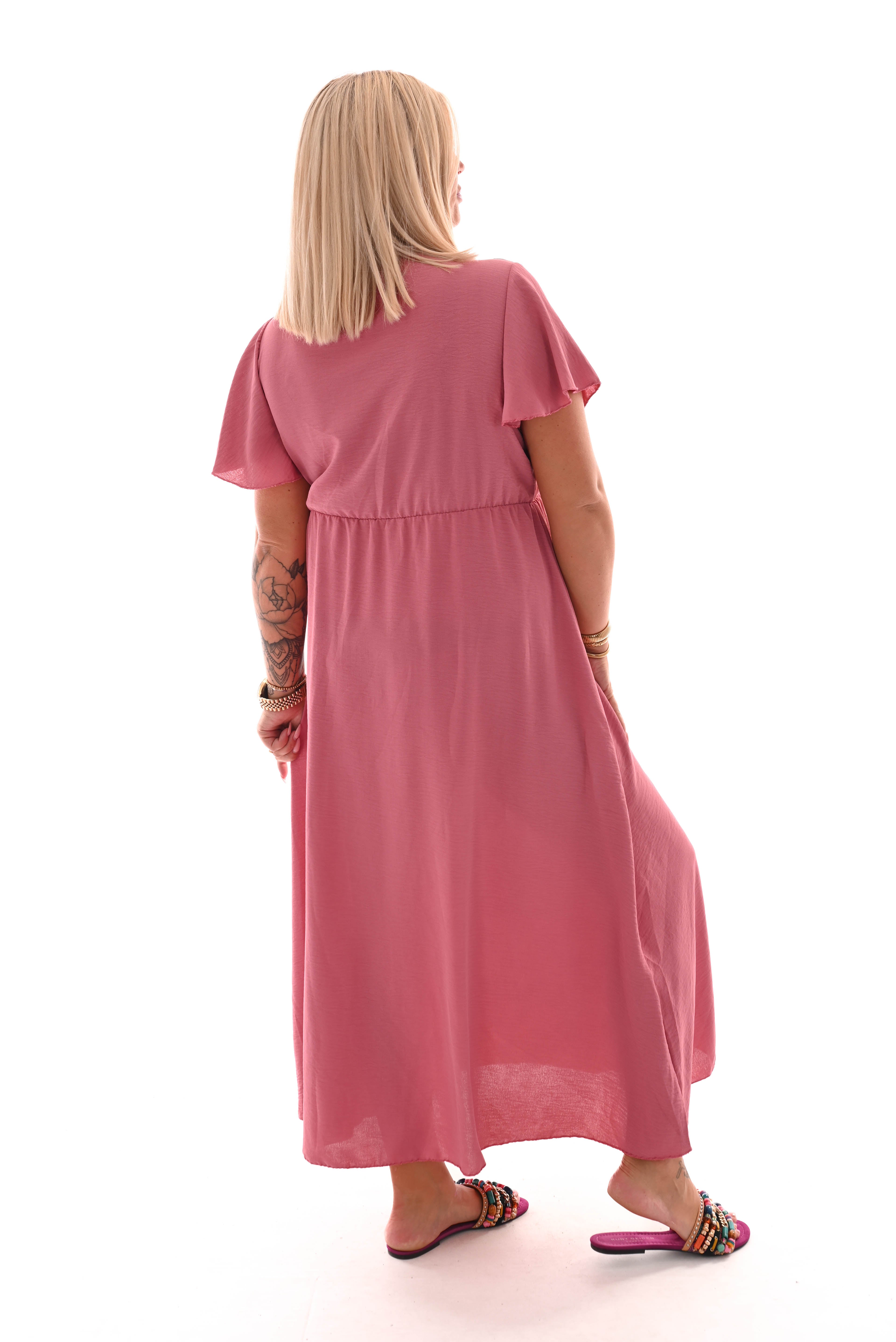 Maxi jurk met strik uni oud roze
