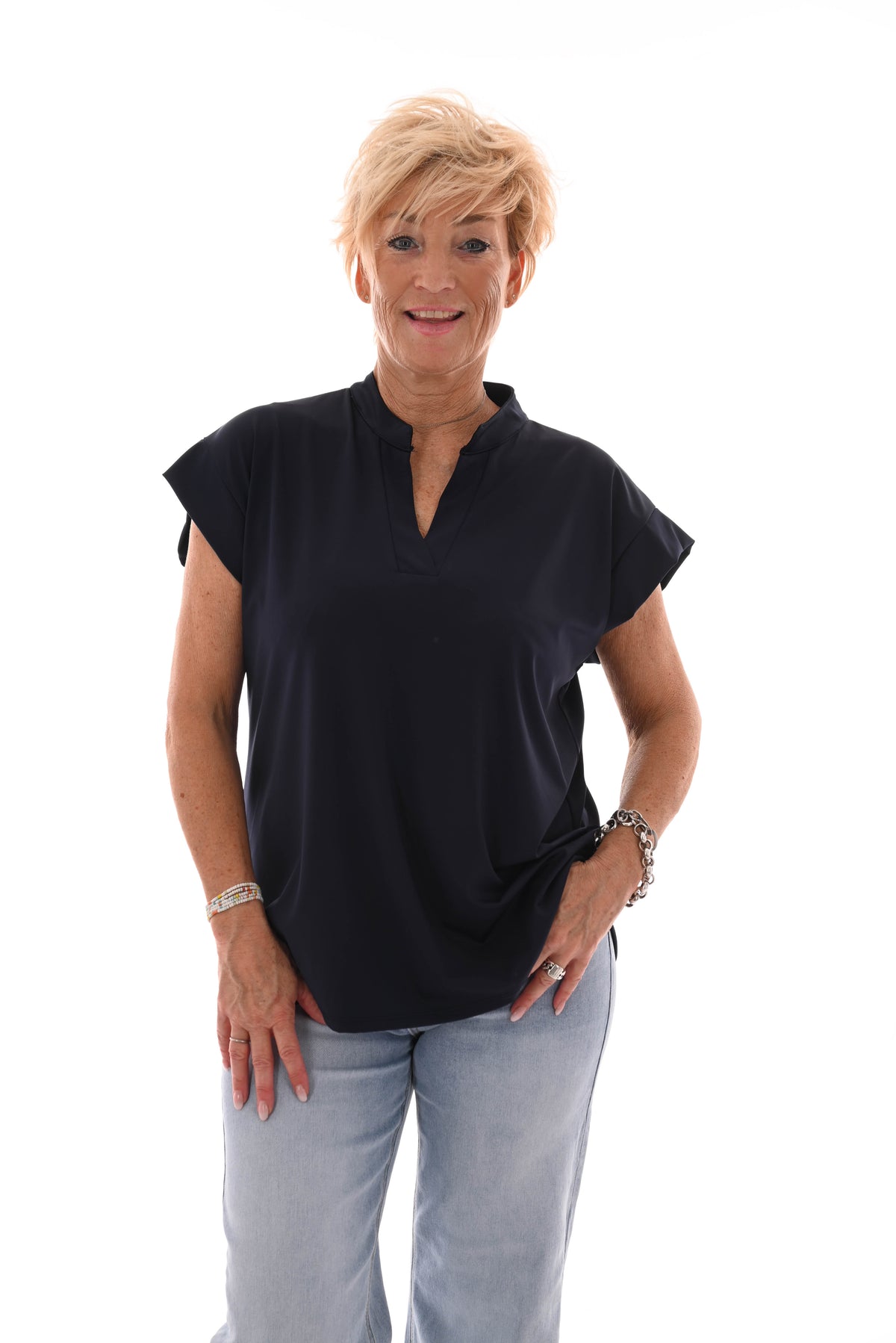 Travel top v-hals en opstaande kraag uni marineblauw