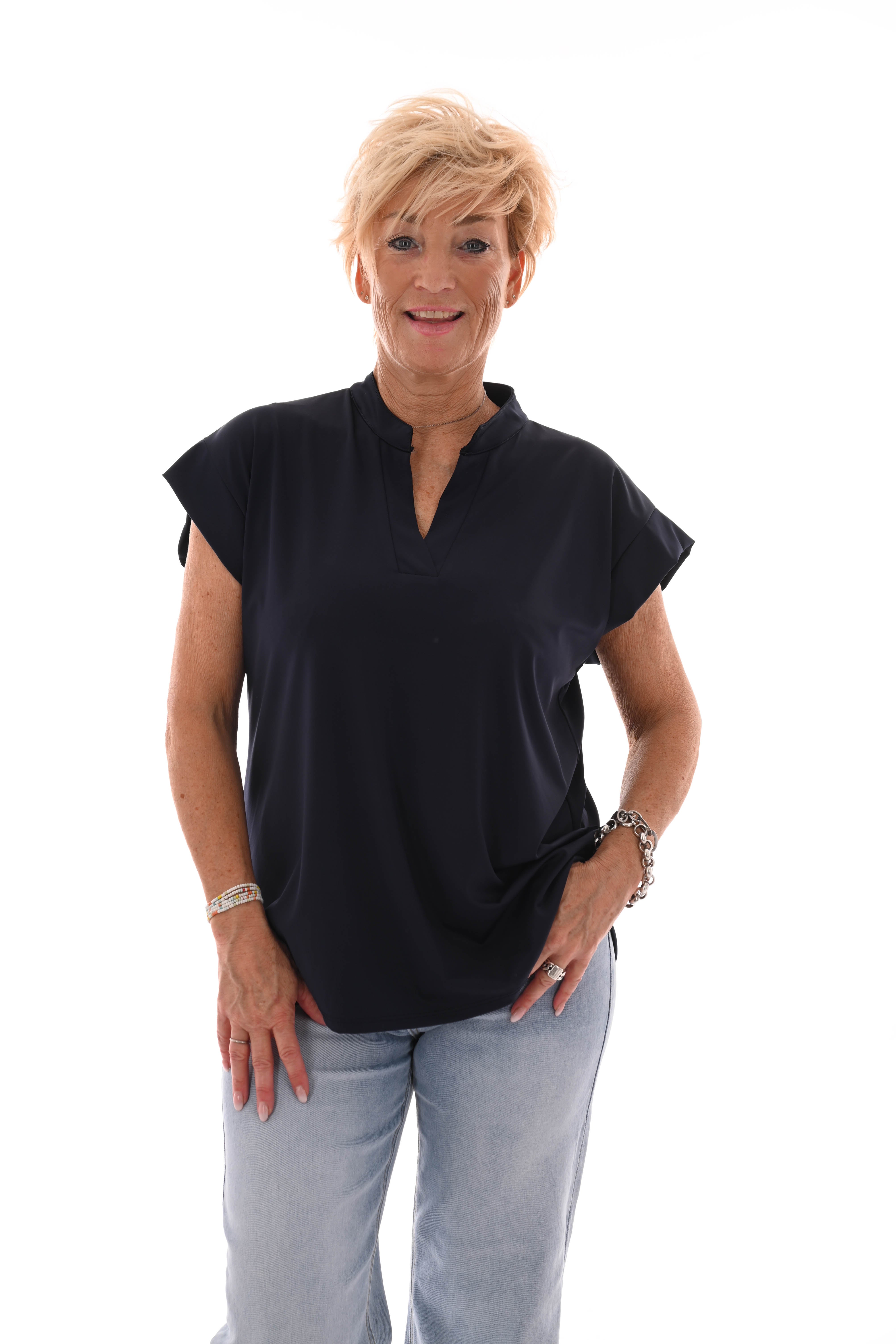 Travel top v-hals en opstaande kraag uni marineblauw