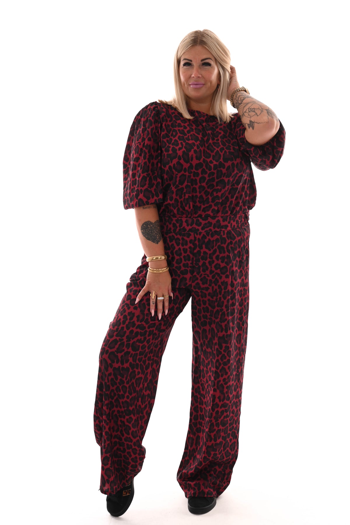 Tweedelig pak 3/4e pofmouwen print panter rood
