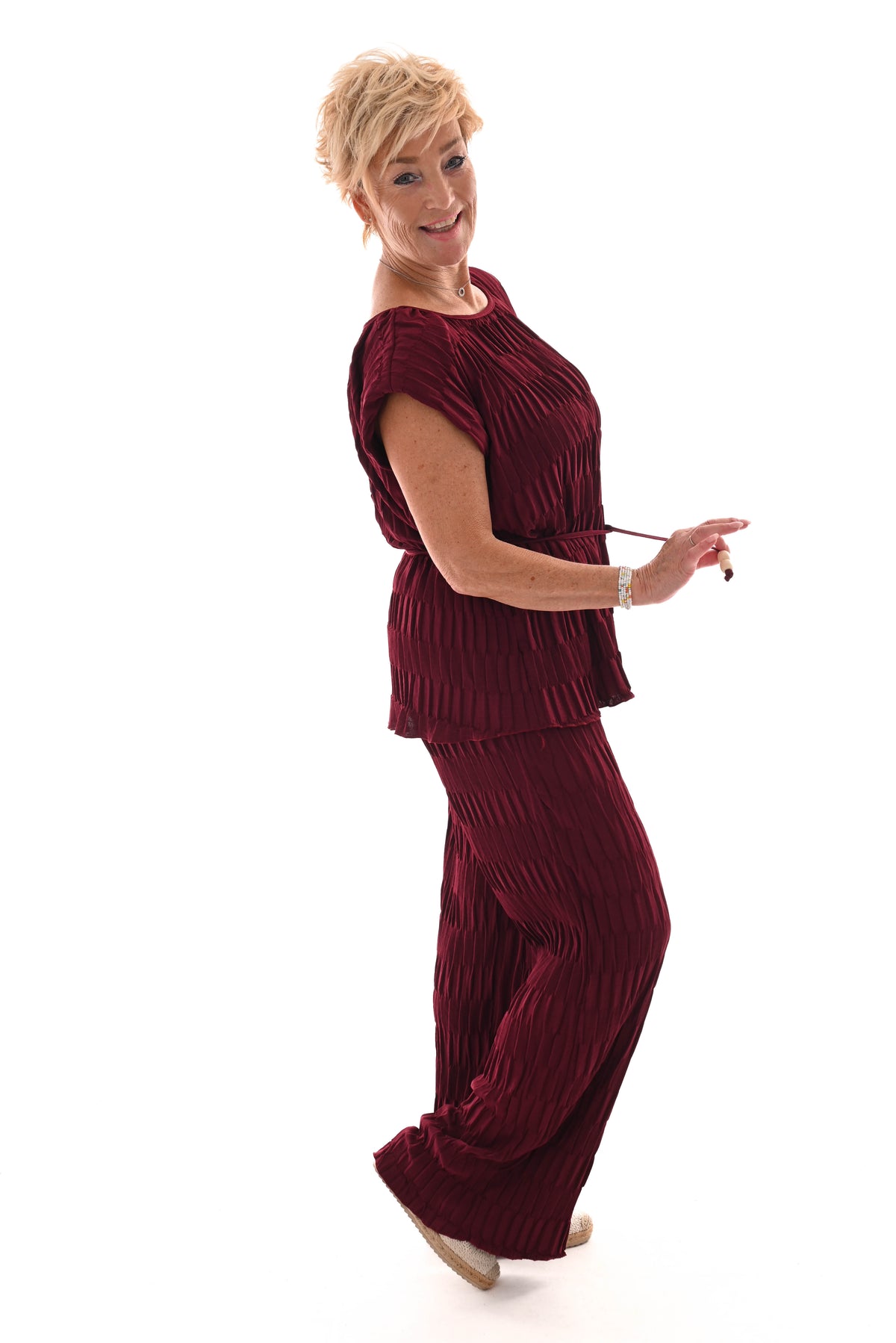 Tweedelig set met ceintuur structuur bordeaux