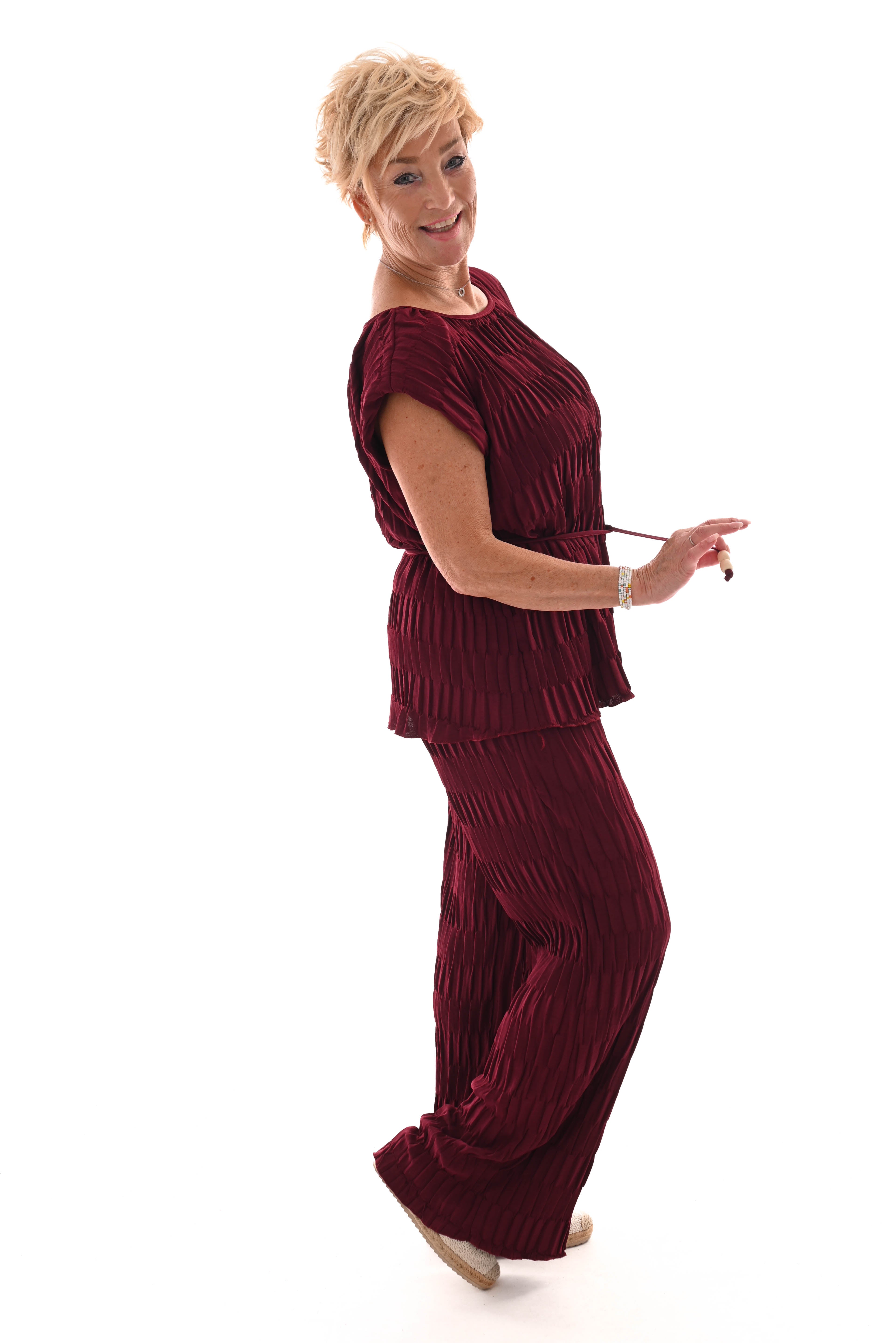 Tweedelig set met ceintuur structuur bordeaux