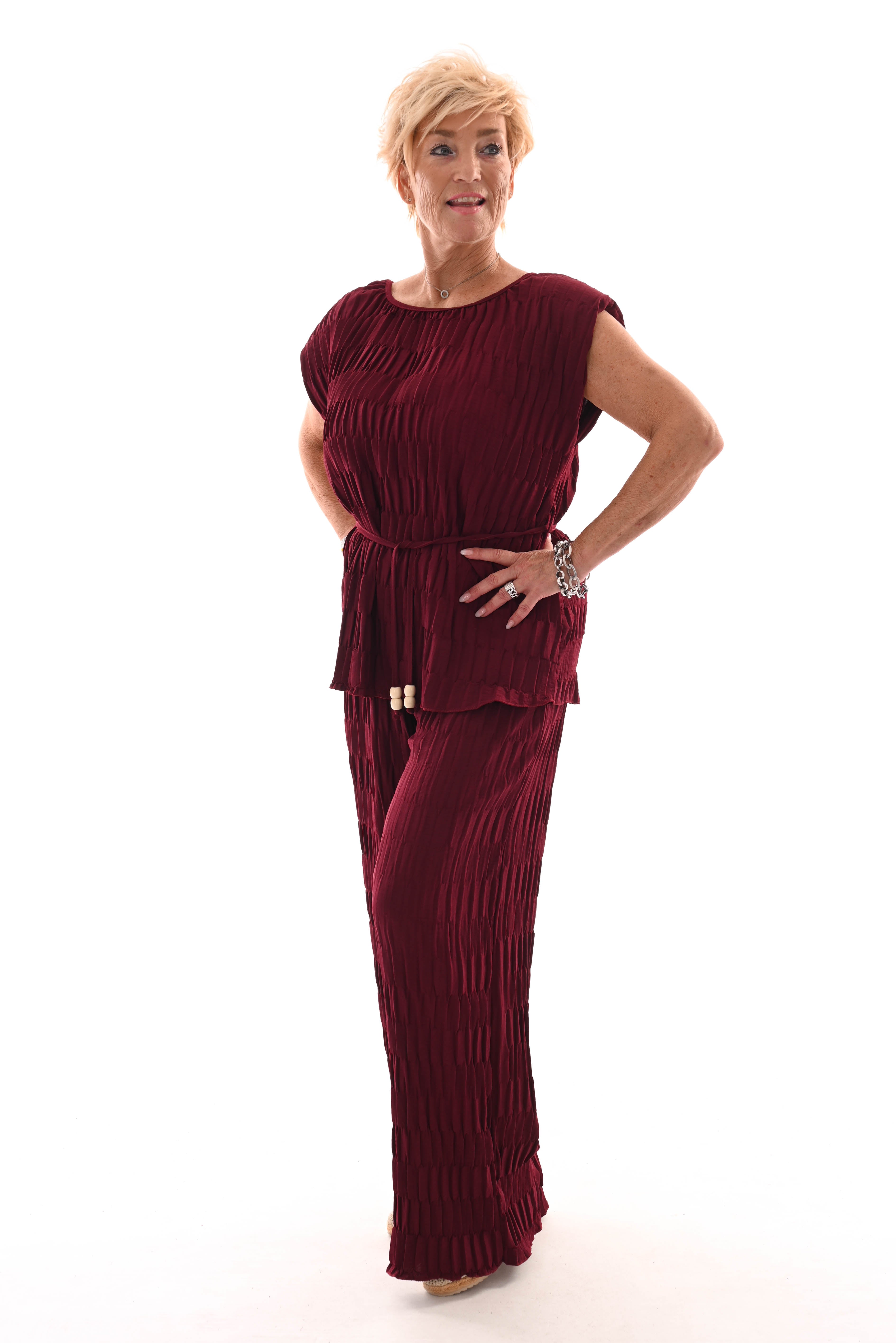 Tweedelig set met ceintuur structuur bordeaux