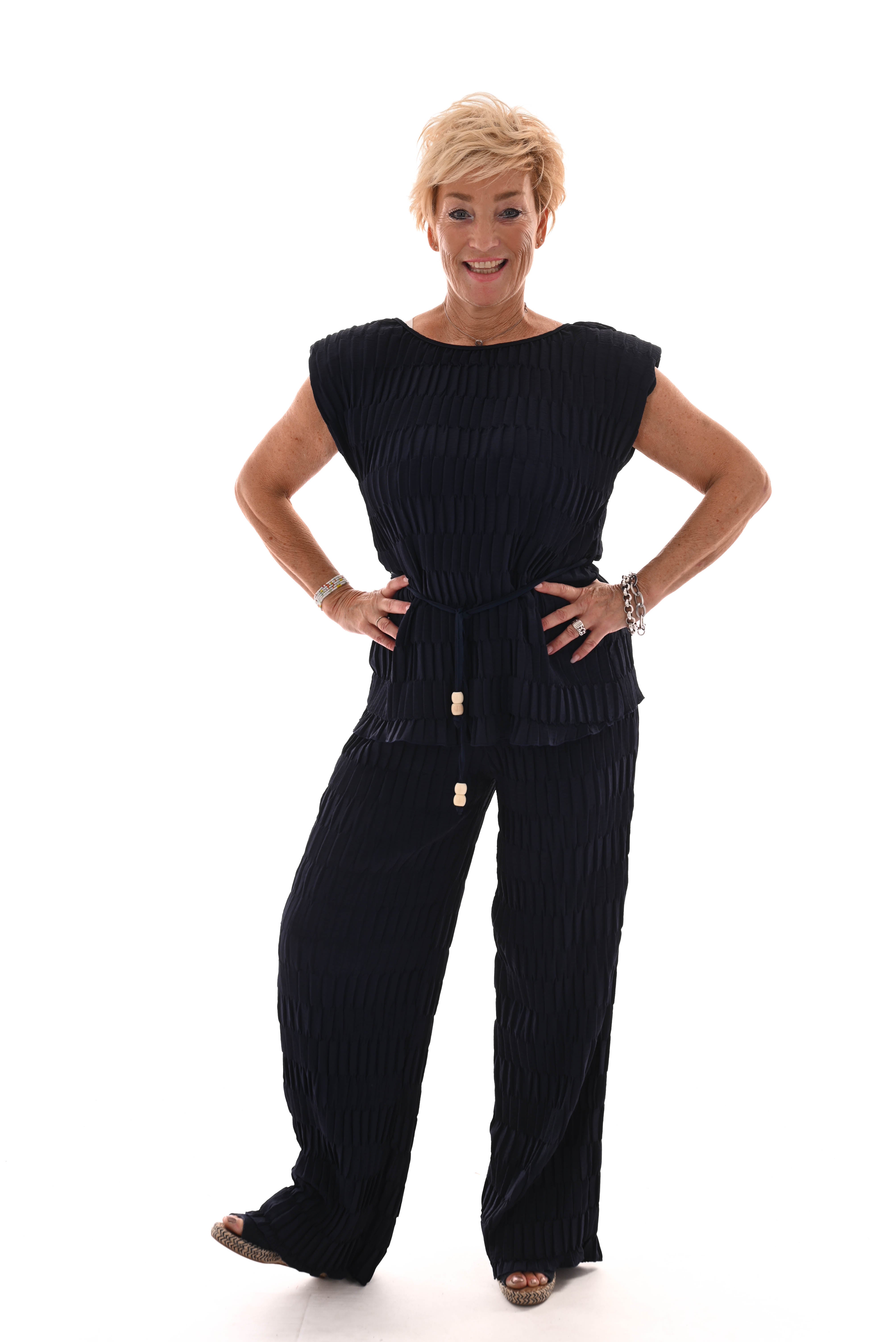 Tweedelig set met ceintuur structuur marineblauw