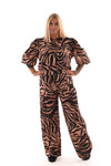 Tweedelig pak 3/4e pofmouwen print tijger camel