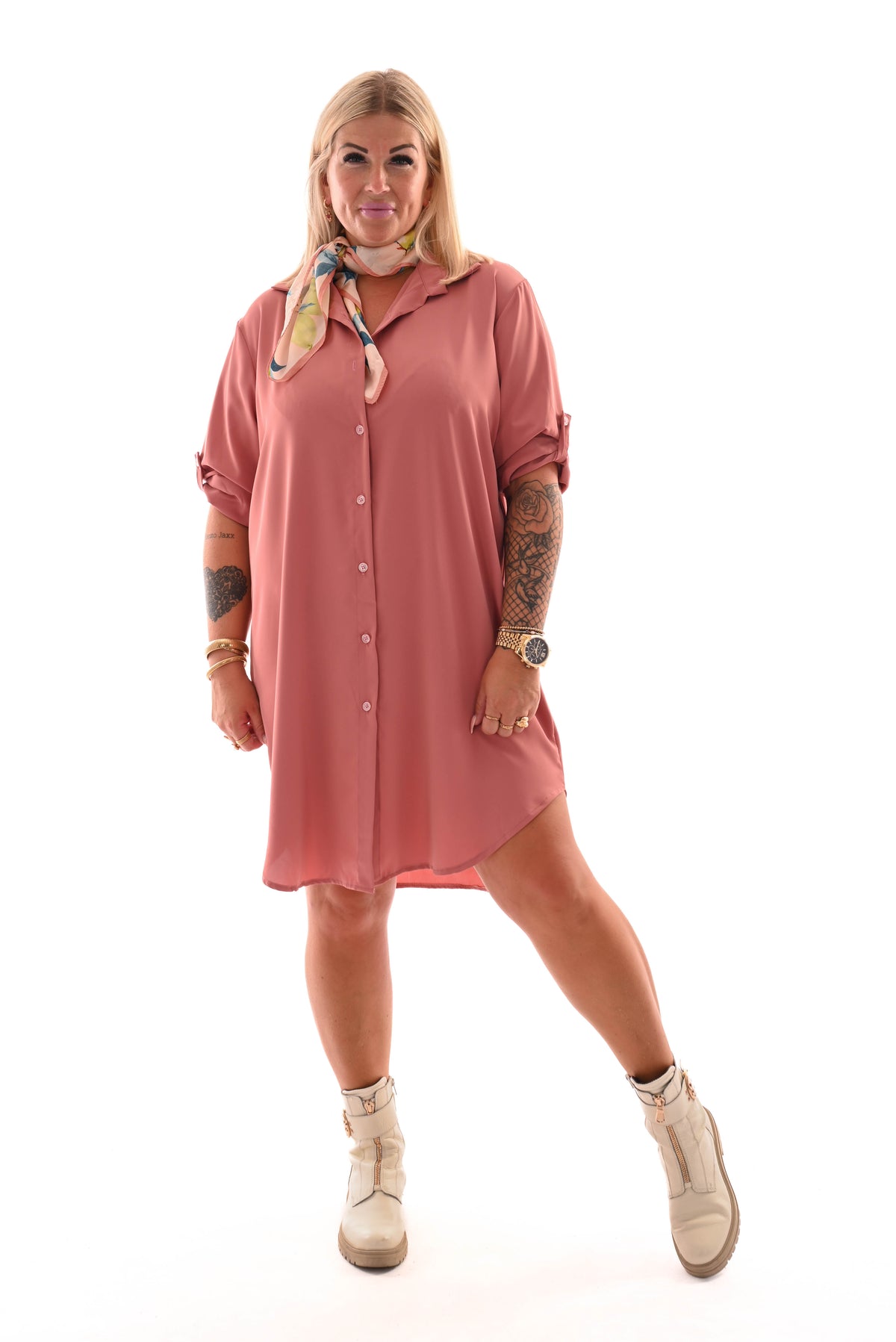 Tuniek v-hals doorknoop ophaalmouwen oud roze