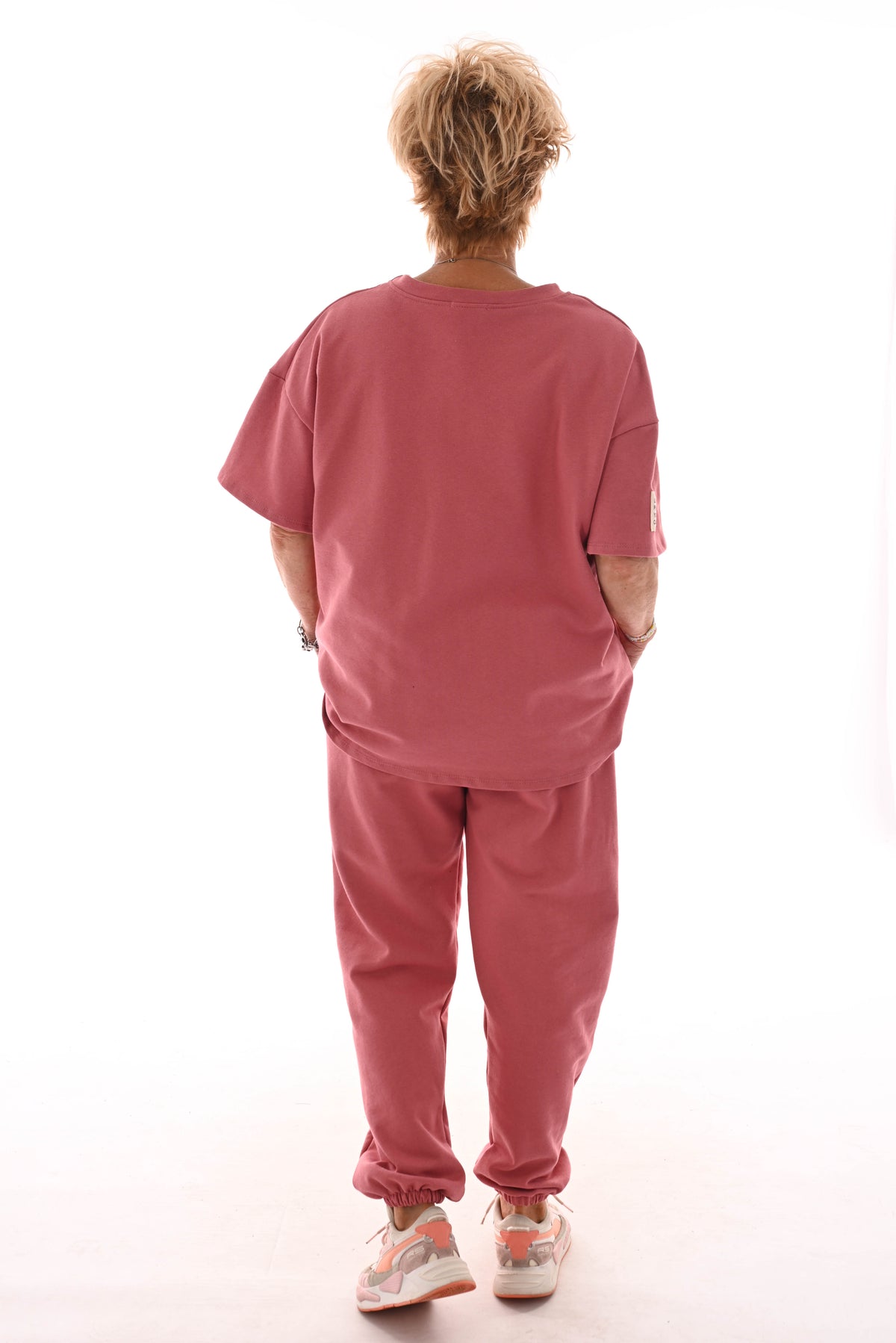 Tweedelig pak ronde hals applicatie oud roze