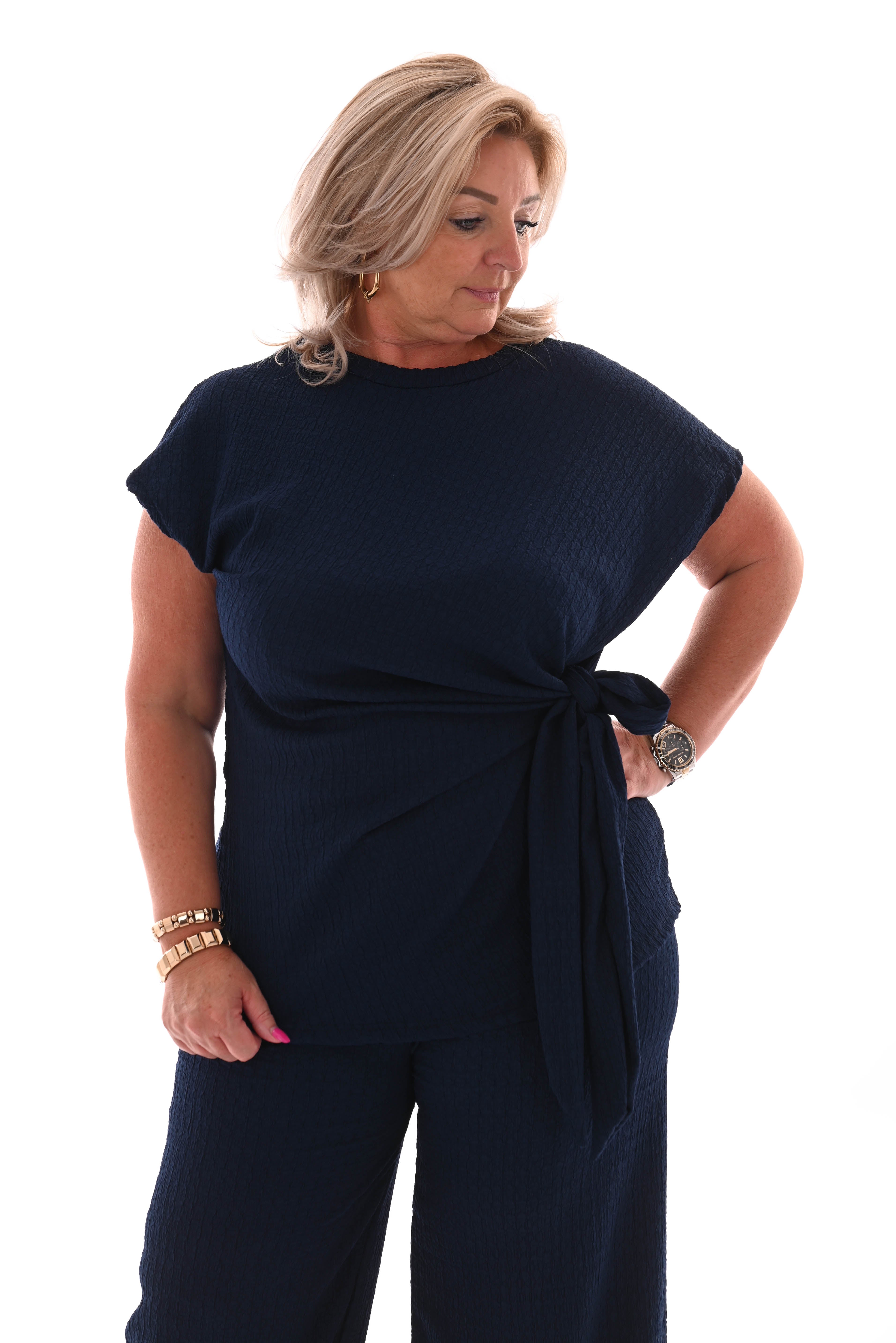 Tweedelig set crepe met knoop marineblauw
