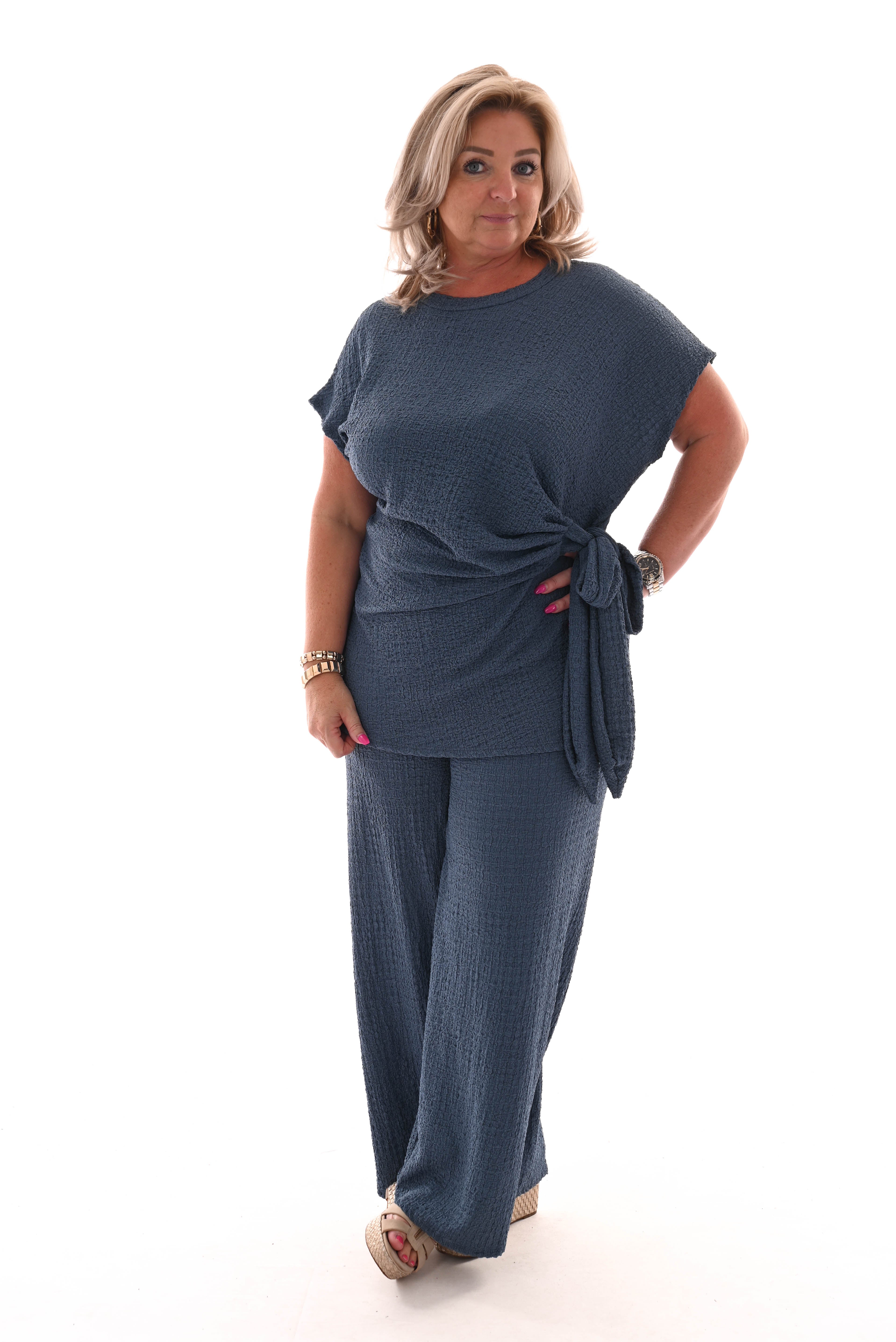 Tweedelig set crepe met knoop jeansblauw