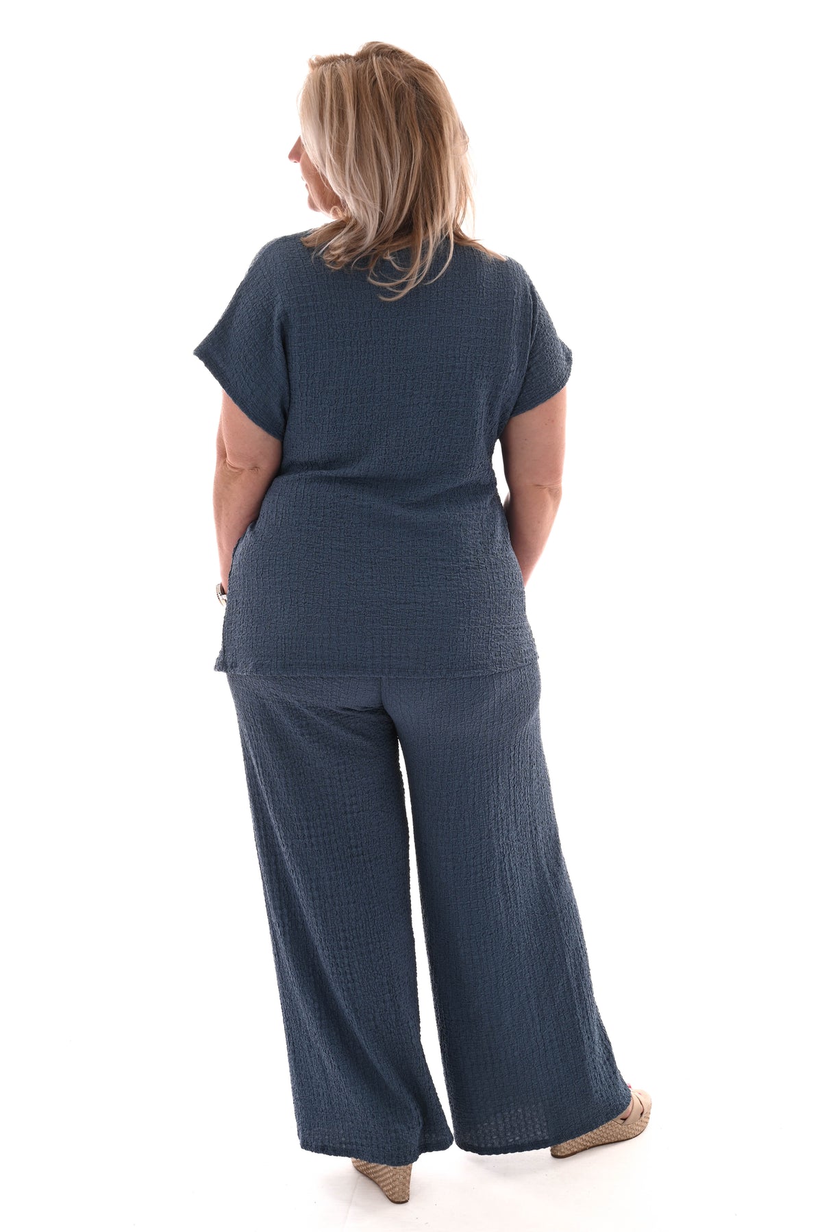 Tweedelig set crepe met knoop jeansblauw