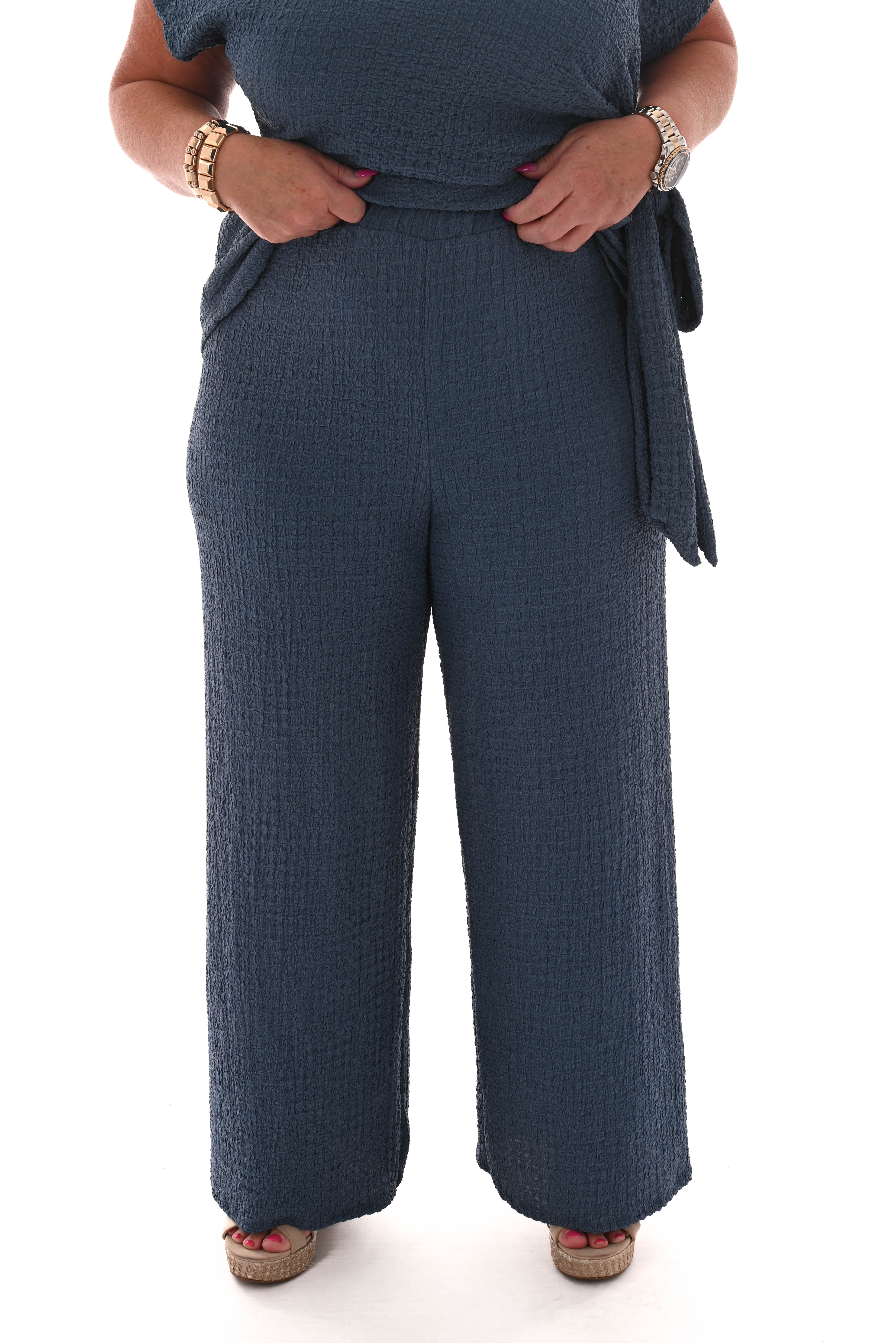 Tweedelig set crepe met knoop jeansblauw