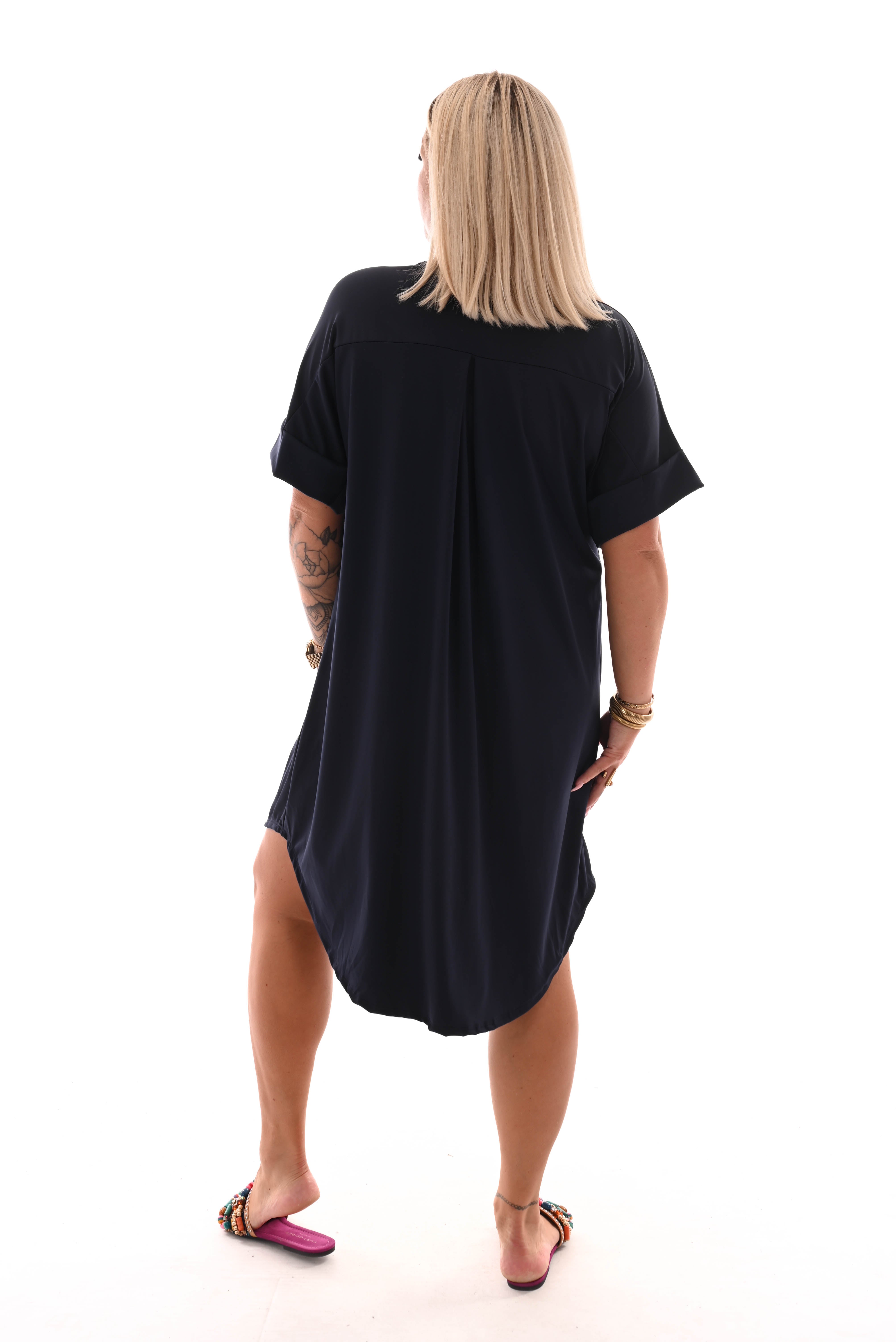 Travel jurk doorknoop uni marineblauw